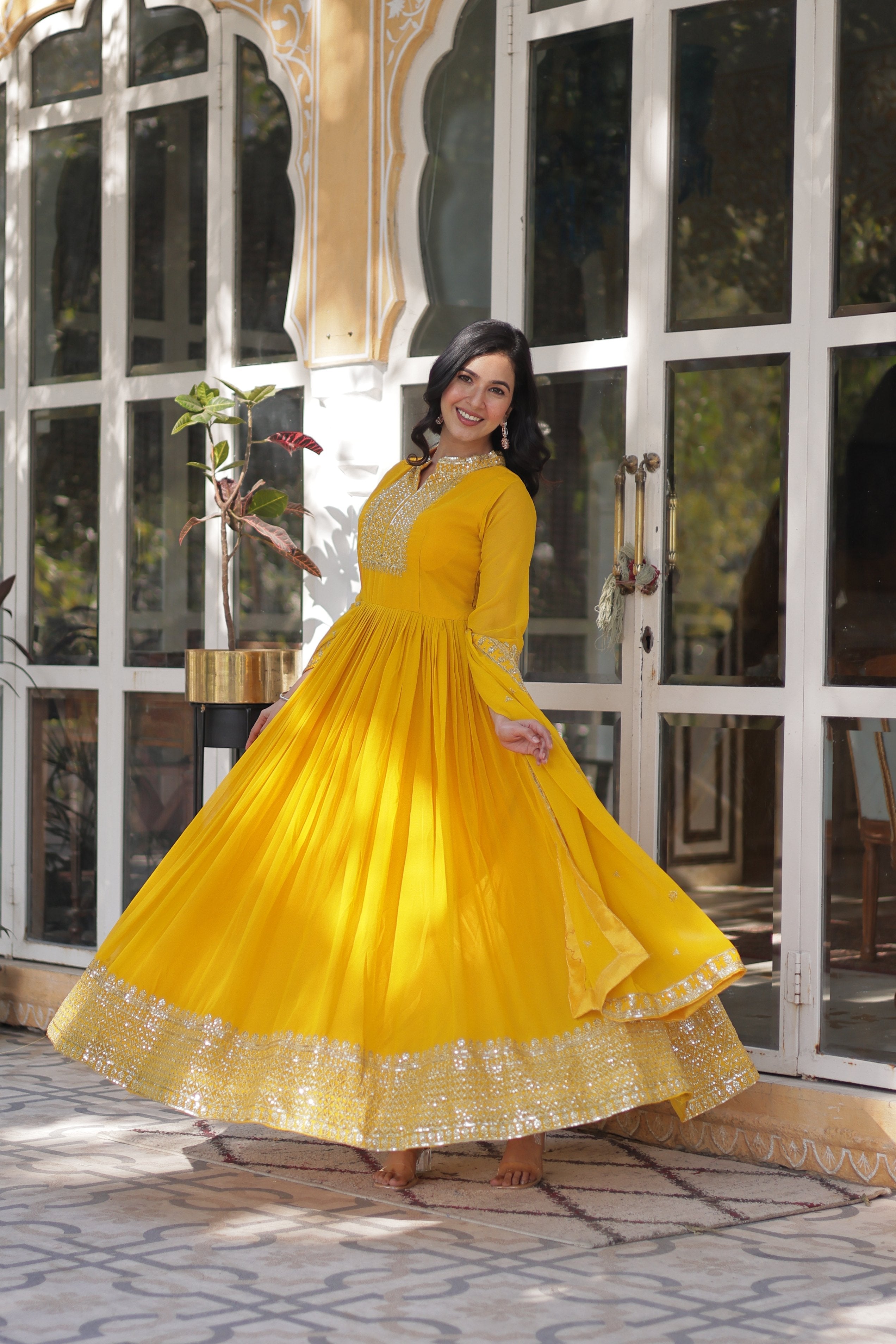 Jyoti Fashion Women's Yellow Faux Georgette Rich Sequins Embroidered Anarkali Set with Dupatta