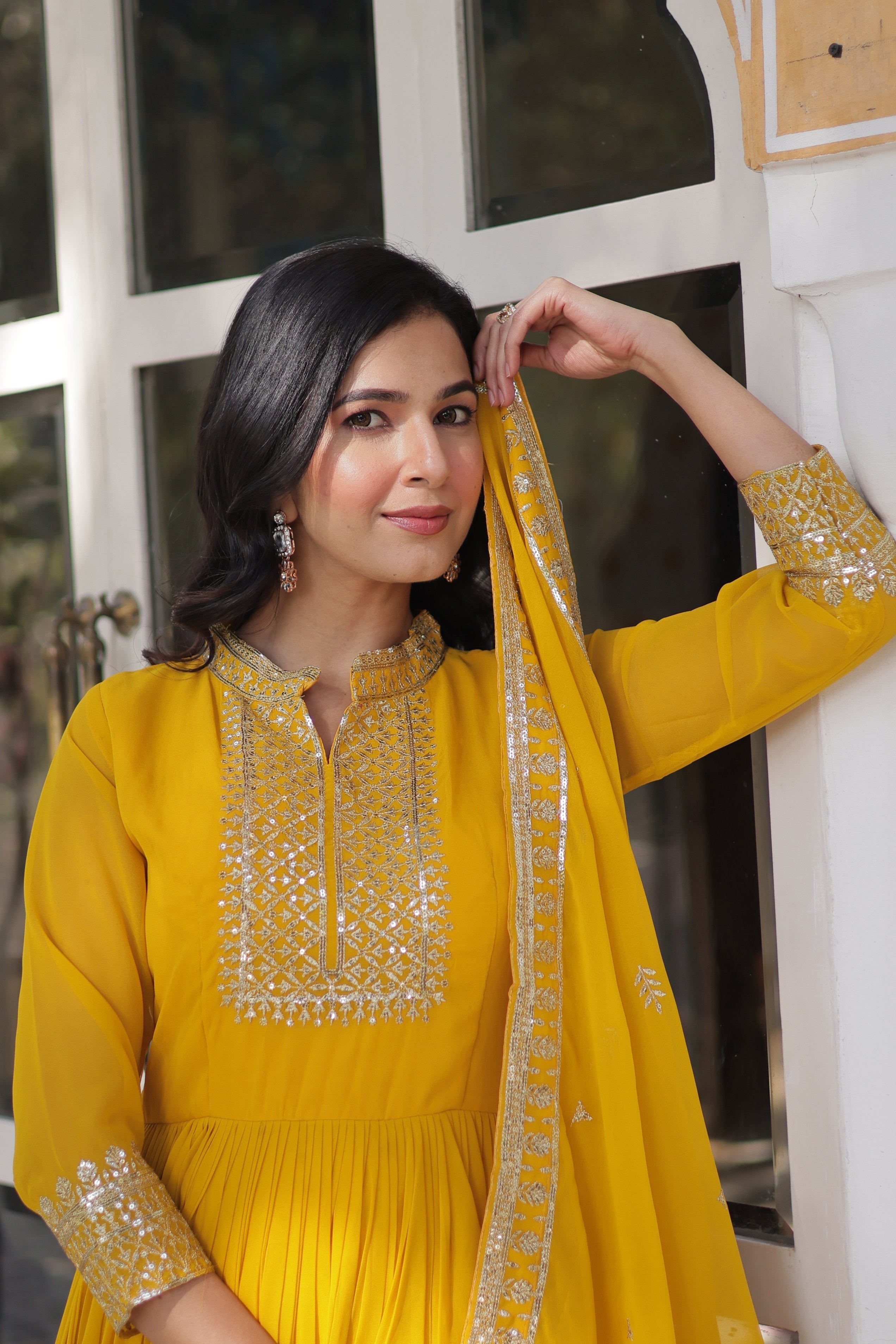 Jyoti Fashion Women's Yellow Faux Georgette Rich Sequins Embroidered Anarkali Set with Dupatta