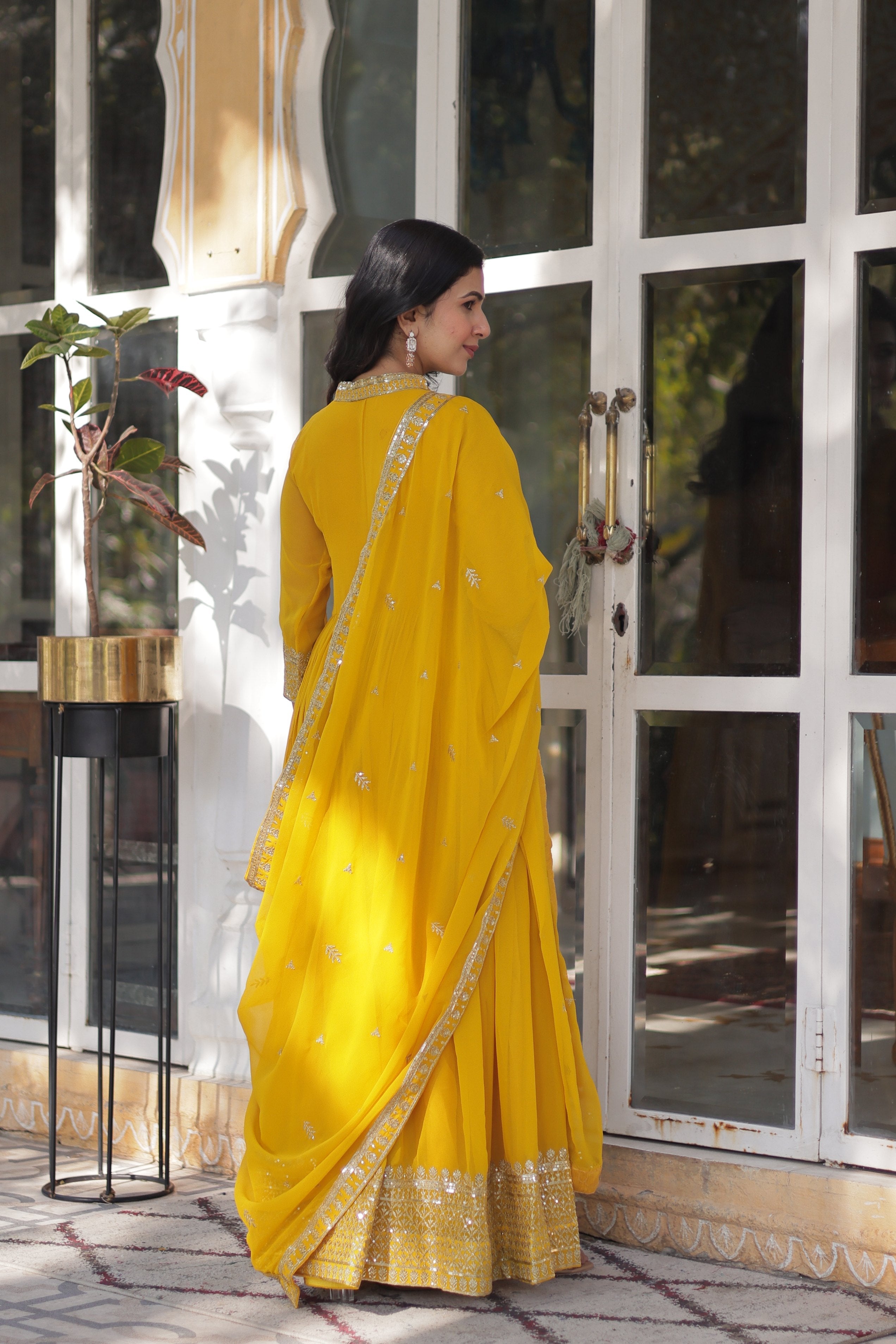 Jyoti Fashion Women's Yellow Faux Georgette Rich Sequins Embroidered Anarkali Set with Dupatta