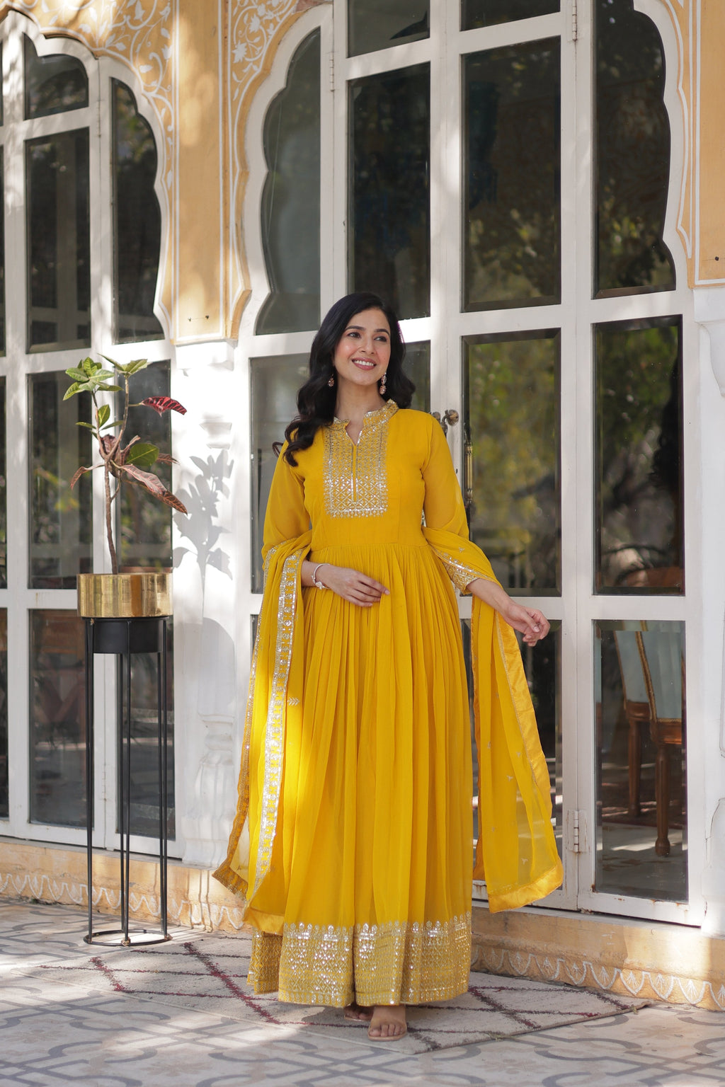 Jyoti Fashion Women's Yellow Faux Georgette Rich Sequins Embroidered Anarkali Set with Dupatta