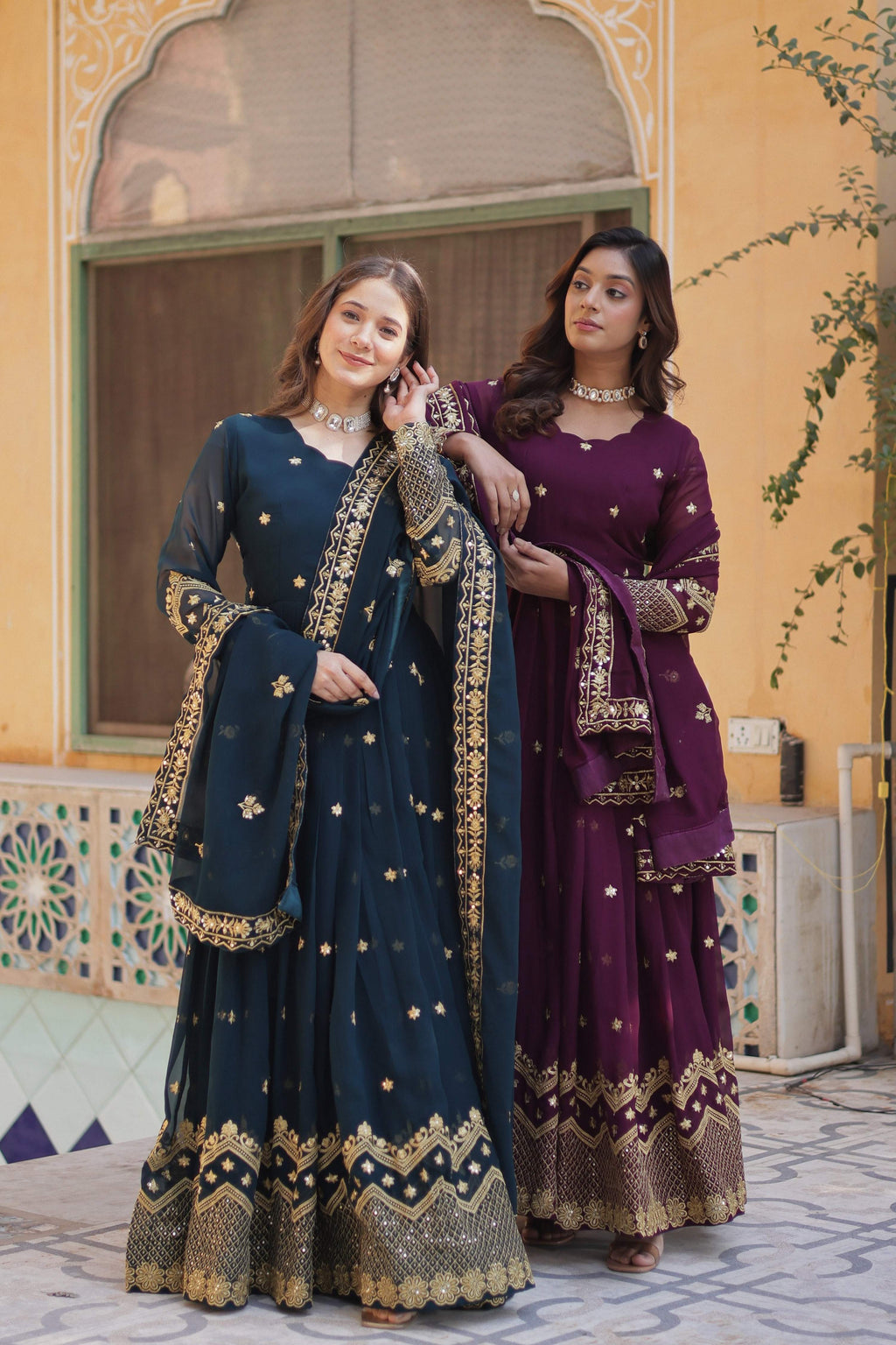 Jyoti Fashion Women's Rama & Wine Faux Georgette Zari with Sequins Embroidered Combo Anarkali Set with Dupatta