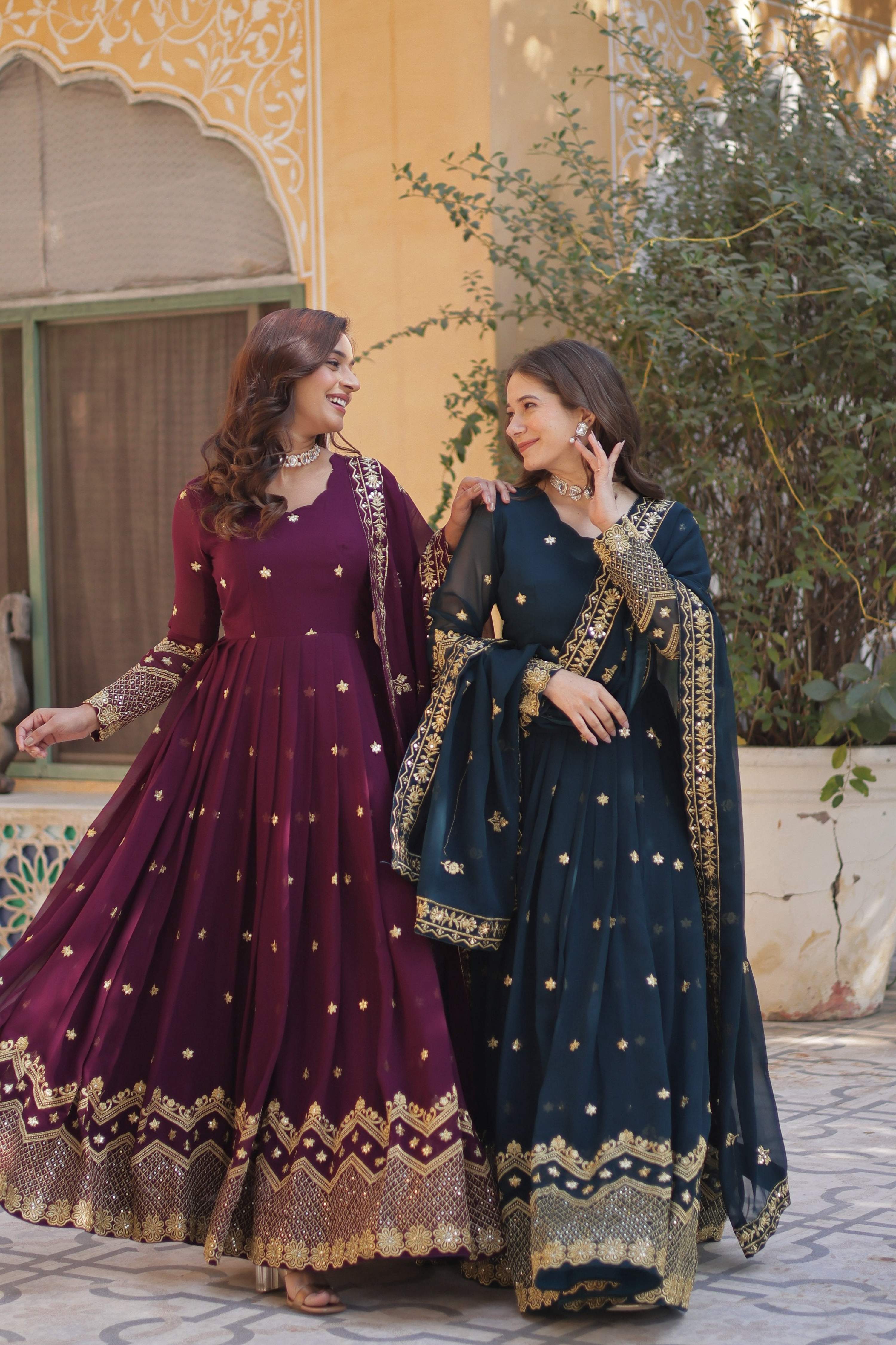 Jyoti Fashion Women's Rama & Wine Faux Georgette Zari with Sequins Embroidered Combo Anarkali Set with Dupatta