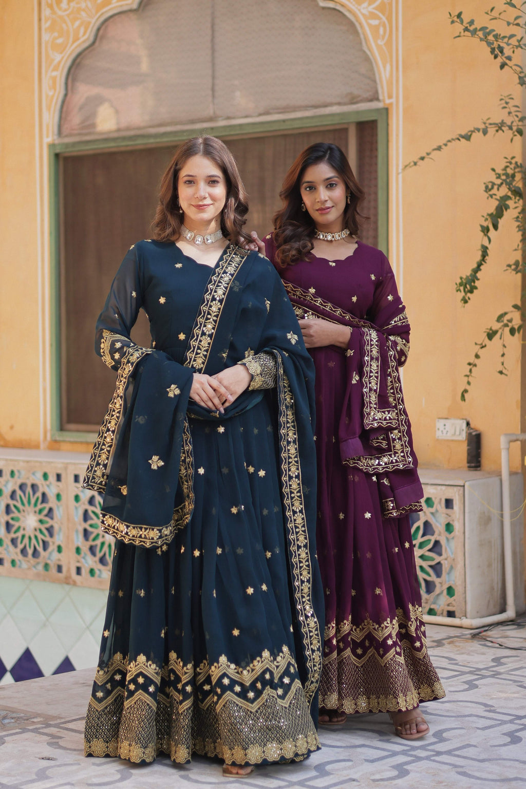 Jyoti Fashion Women's Rama & Wine Faux Georgette Zari with Sequins Embroidered Combo Anarkali Set with Dupatta