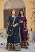Jyoti Fashion Women's Rama & Wine Faux Georgette Zari with Sequins Embroidered Combo Anarkali Set with Dupatta