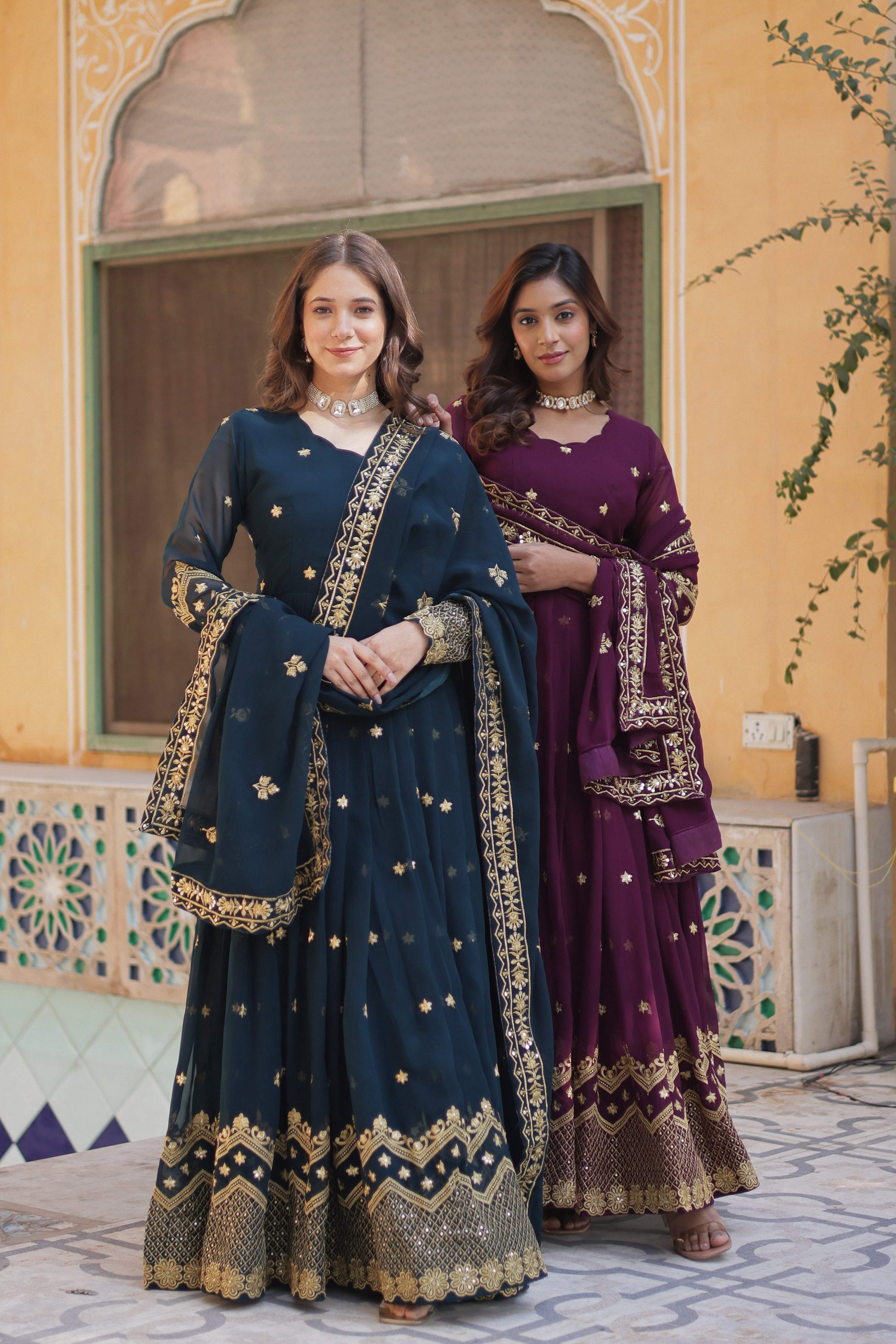 Jyoti Fashion Women's Rama & Wine Faux Georgette Zari with Sequins Embroidered Combo Anarkali Set with Dupatta