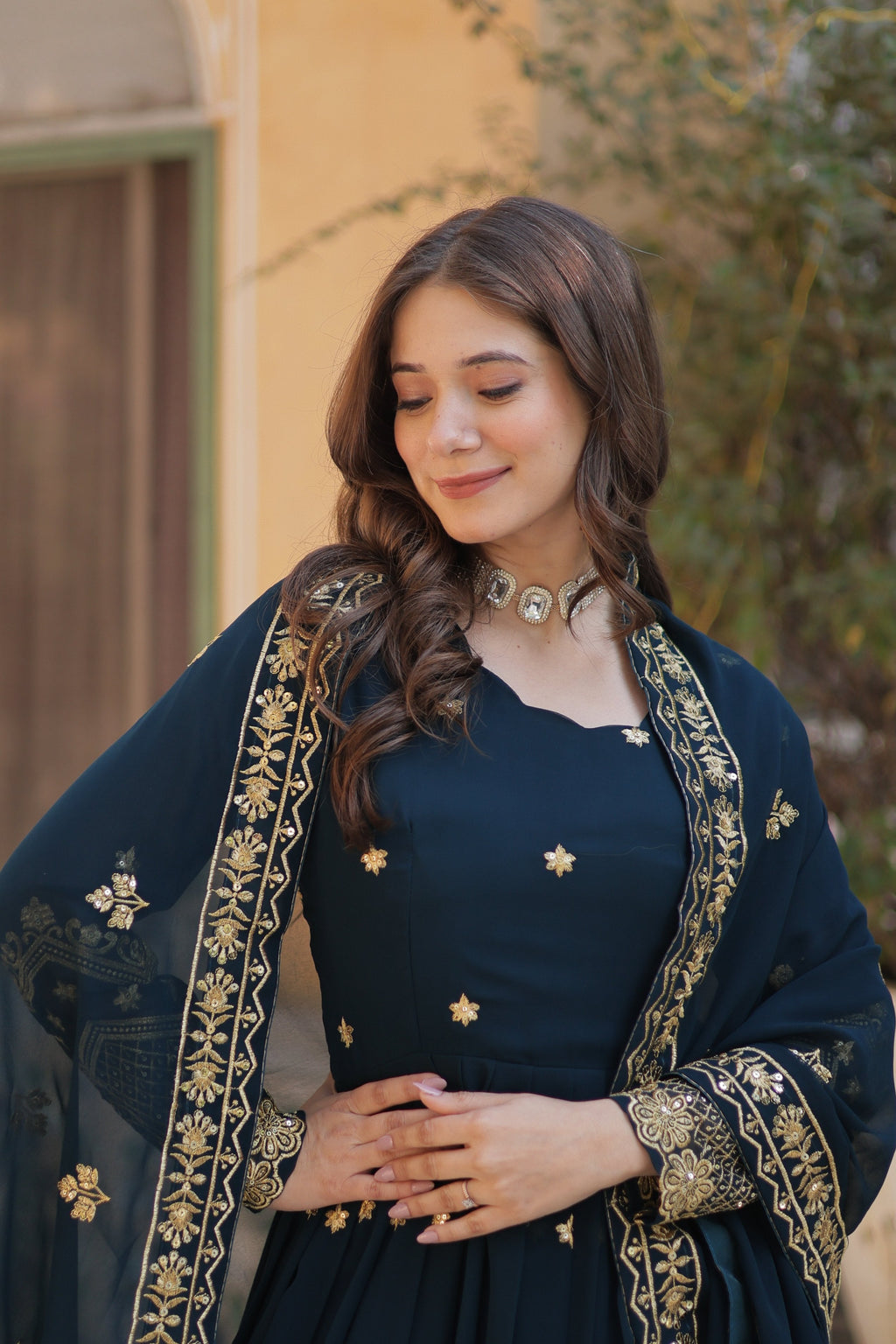Jyoti Fashion Women's Rama Faux Georgette Zari with Sequins Embroidered Anarkali Set with Dupatta