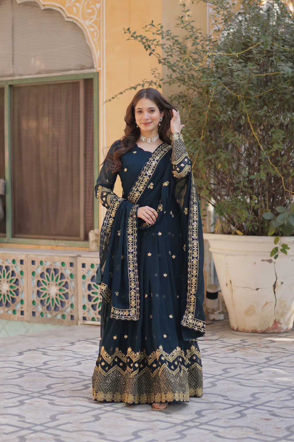 Jyoti Fashion Women's Rama Faux Georgette Zari with Sequins Embroidered Anarkali Set with Dupatta