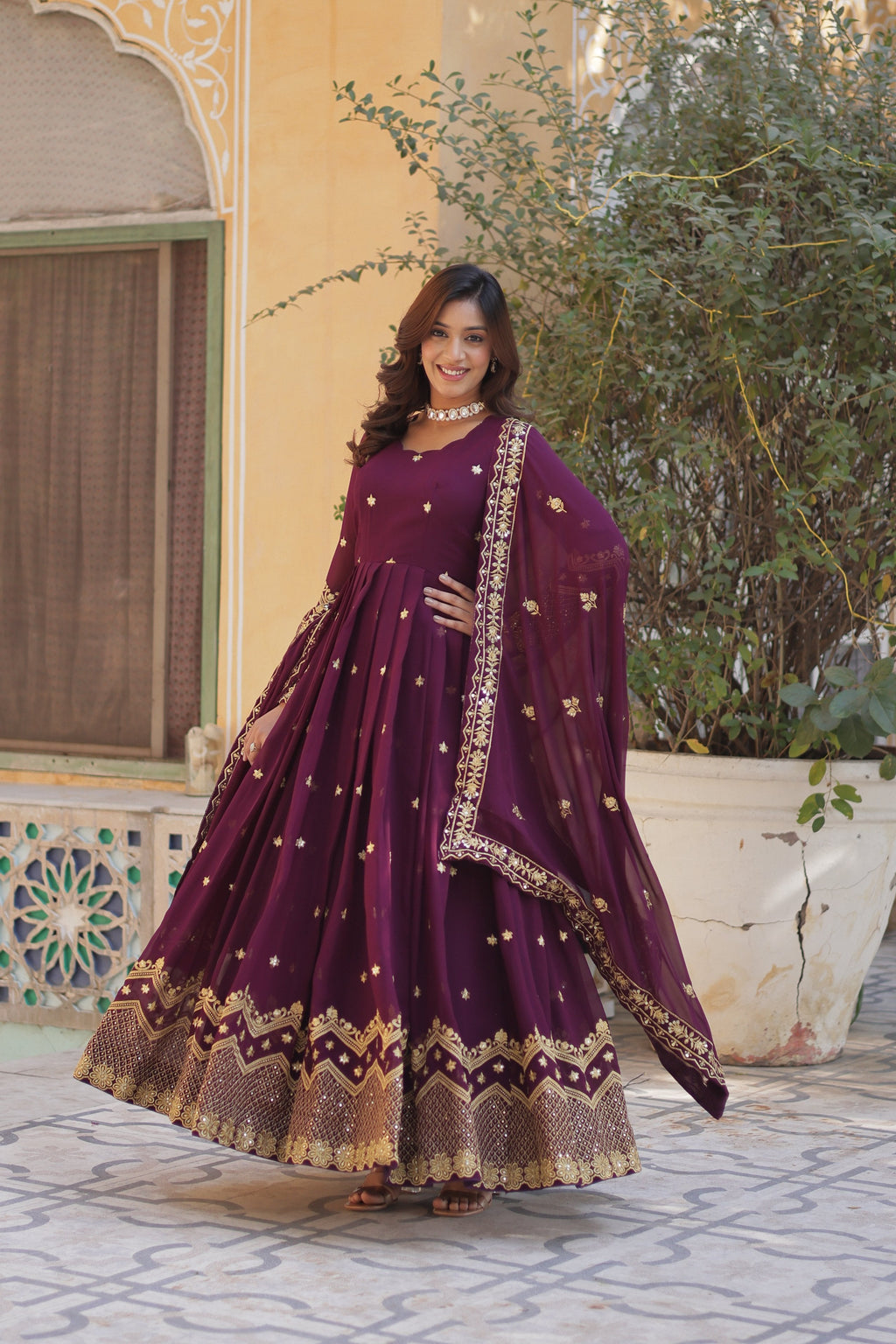 Jyoti Fashion Women's Wine Faux Georgette Zari with Sequins Embroidered Anarkali Set with Dupatta