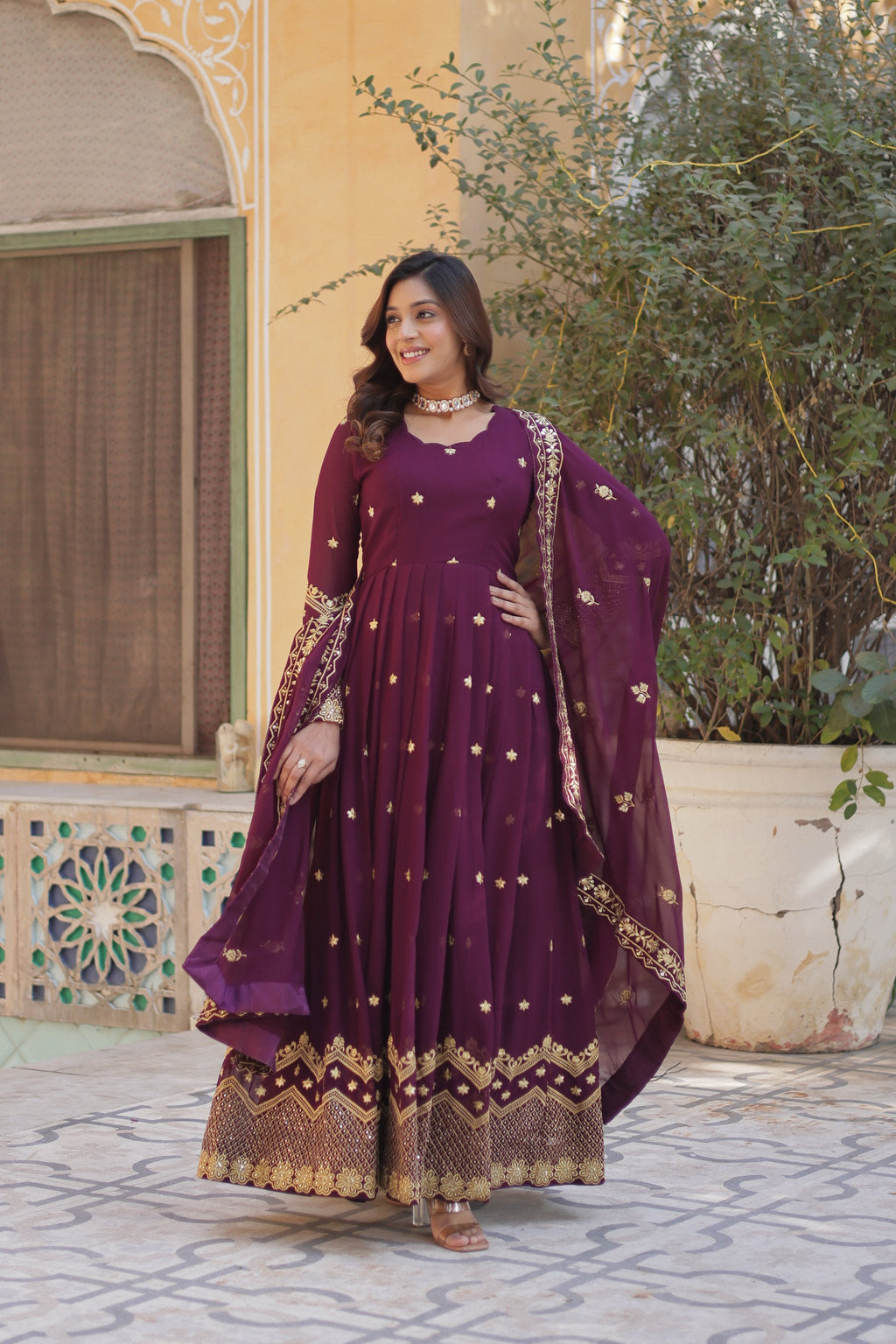 Jyoti Fashion Women's Wine Faux Georgette Zari with Sequins Embroidered Anarkali Set with Dupatta