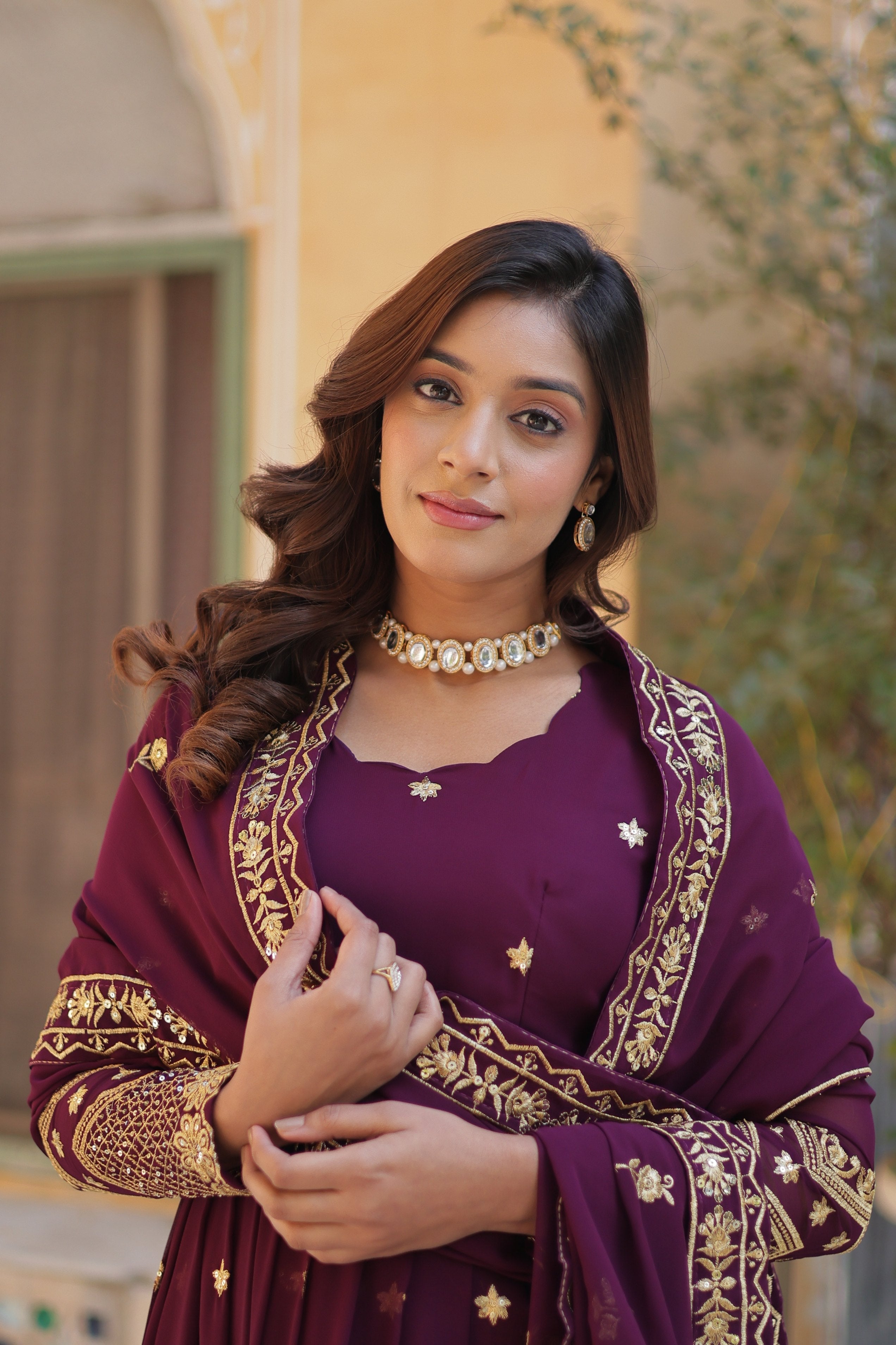 Jyoti Fashion Women's Wine Faux Georgette Zari with Sequins Embroidered Anarkali Set with Dupatta
