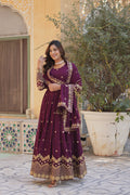 Jyoti Fashion Women's Wine Faux Georgette Zari with Sequins Embroidered Anarkali Set with Dupatta