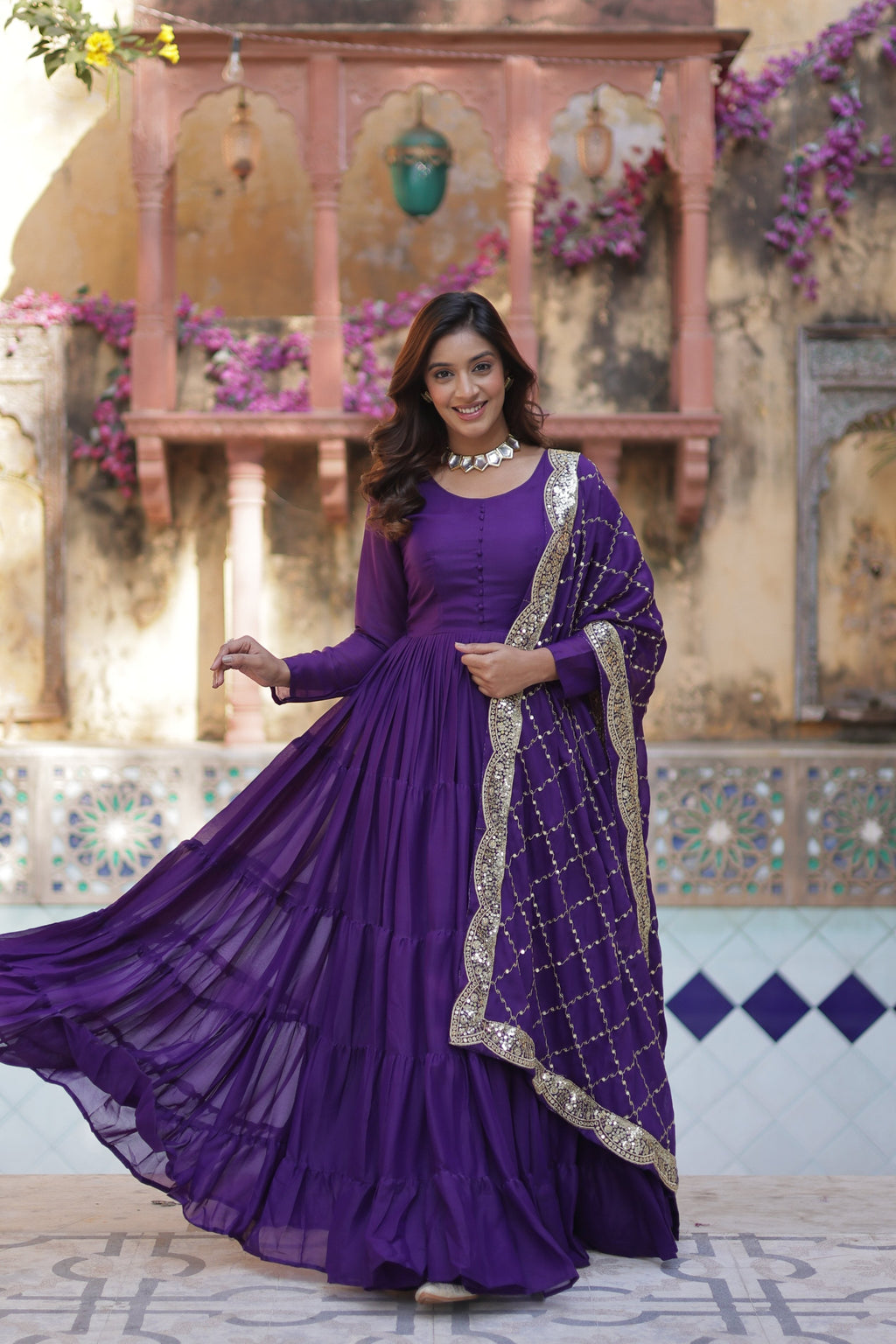 Jyoti Fashion Women's Jamuni Star Georgette Rich Sequins Embroidered Anarkali Set with Dupatta