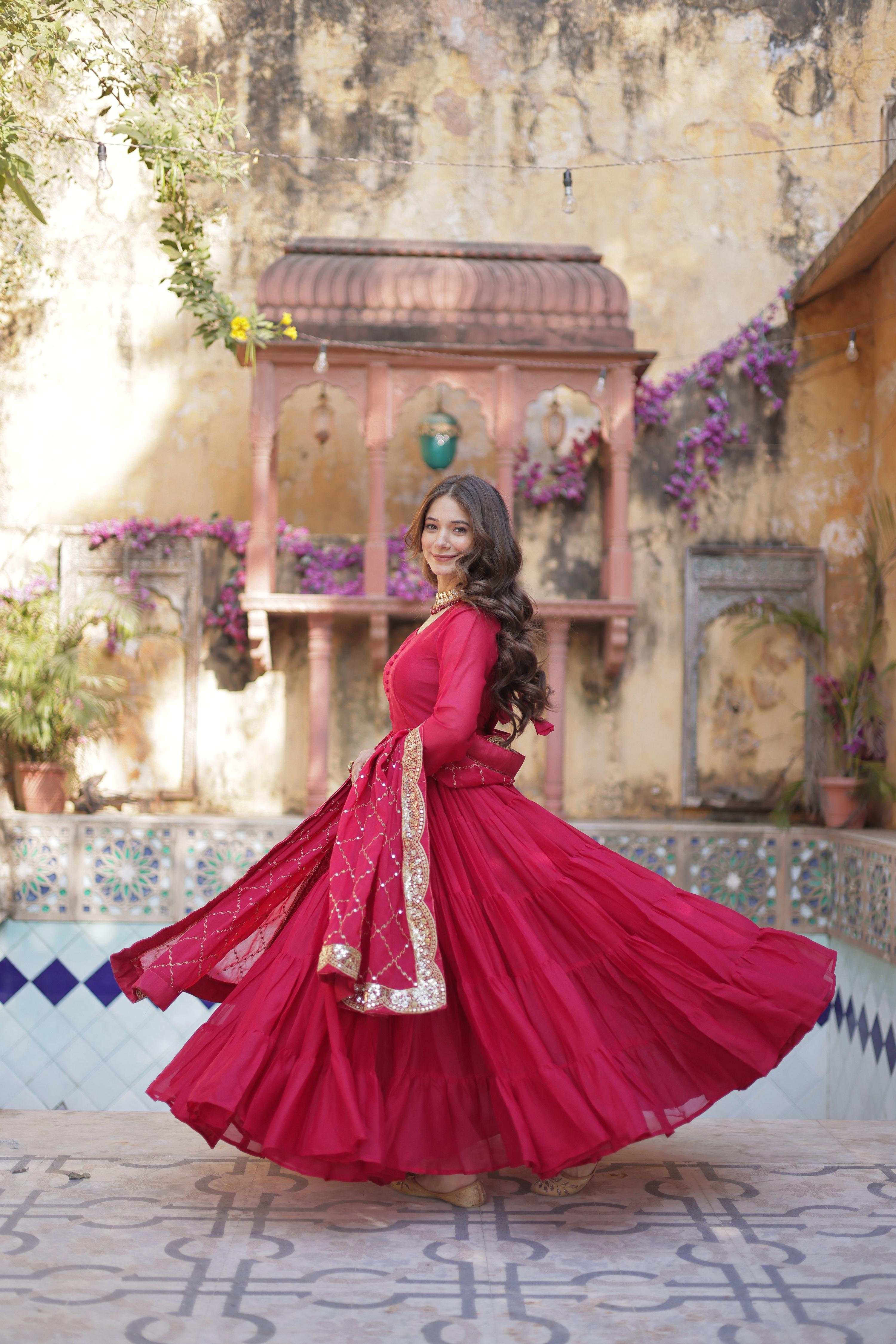 Jyoti Fashion Women's Pink Star Georgette Rich Sequins Embroidered Anarkali Set with Dupatta