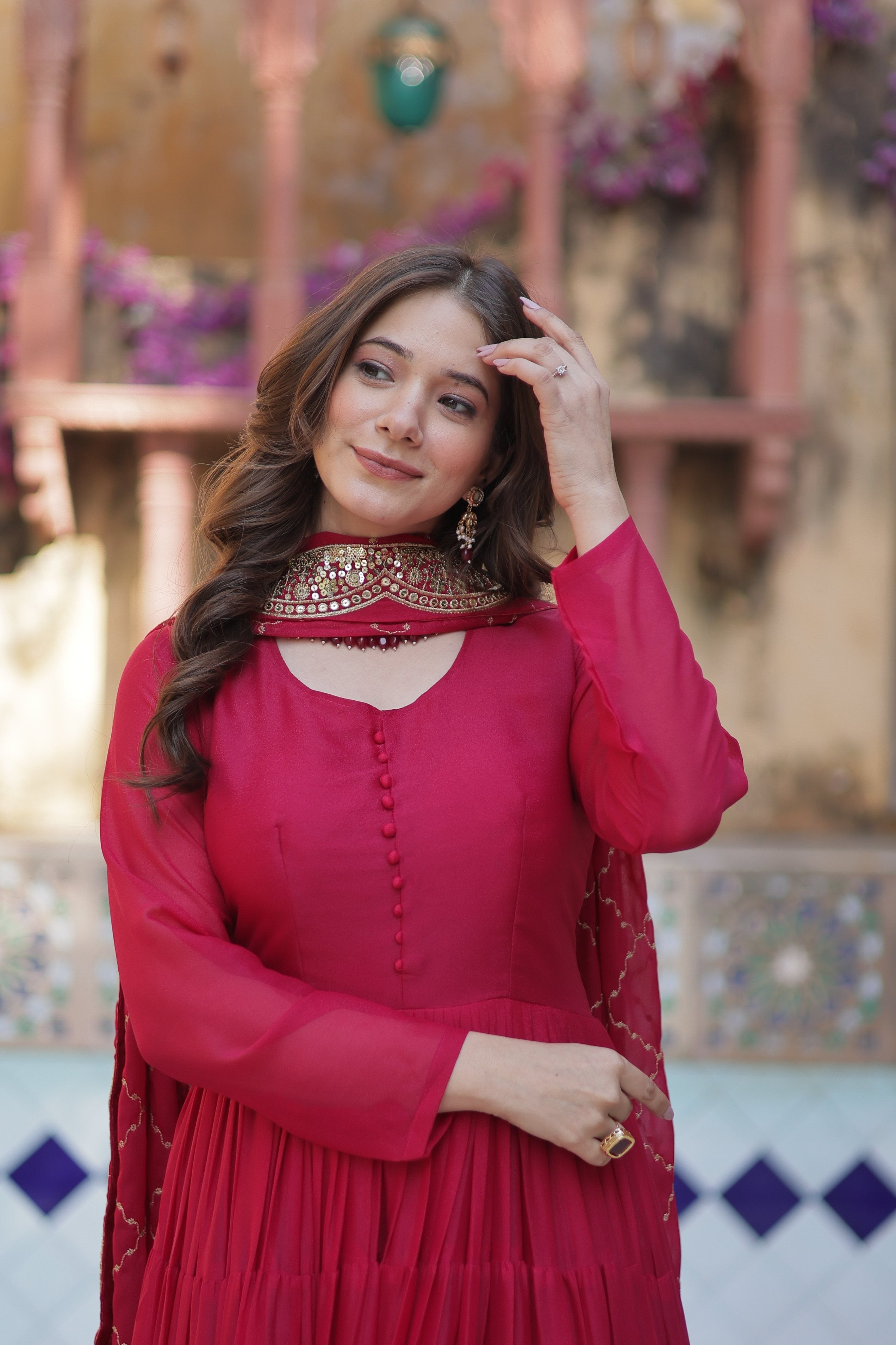Jyoti Fashion Women's Pink Star Georgette Rich Sequins Embroidered Anarkali Set with Dupatta