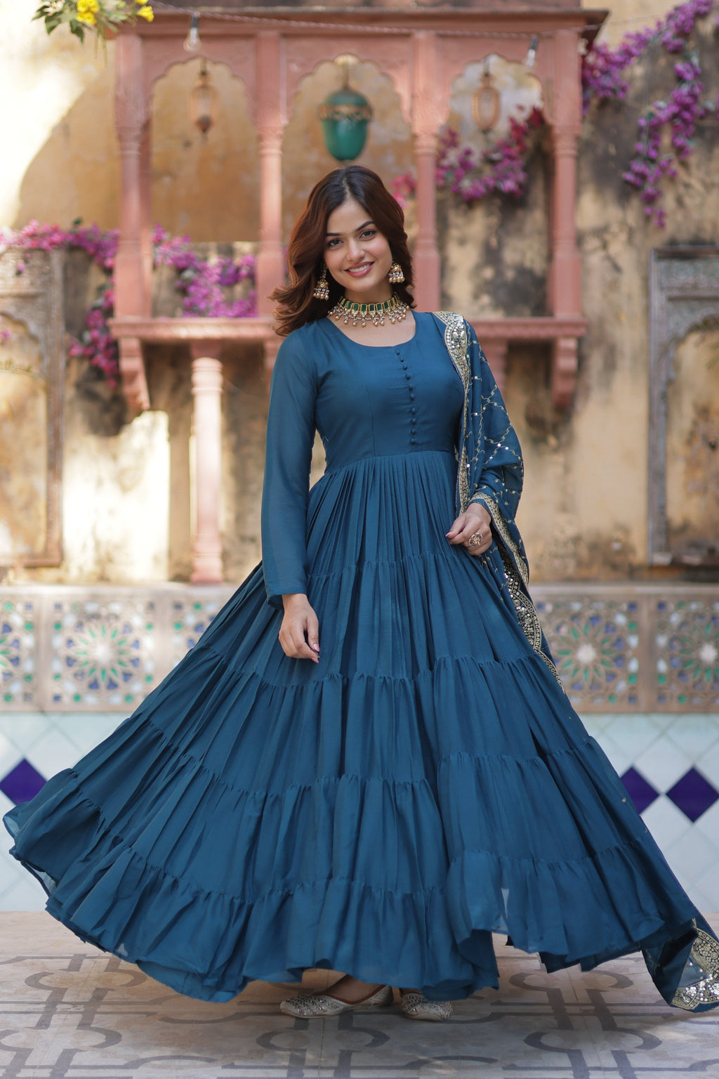 Jyoti Fashion Women's Rama Star Georgette Rich Sequins Embroidered Anarkali Set with Dupatta