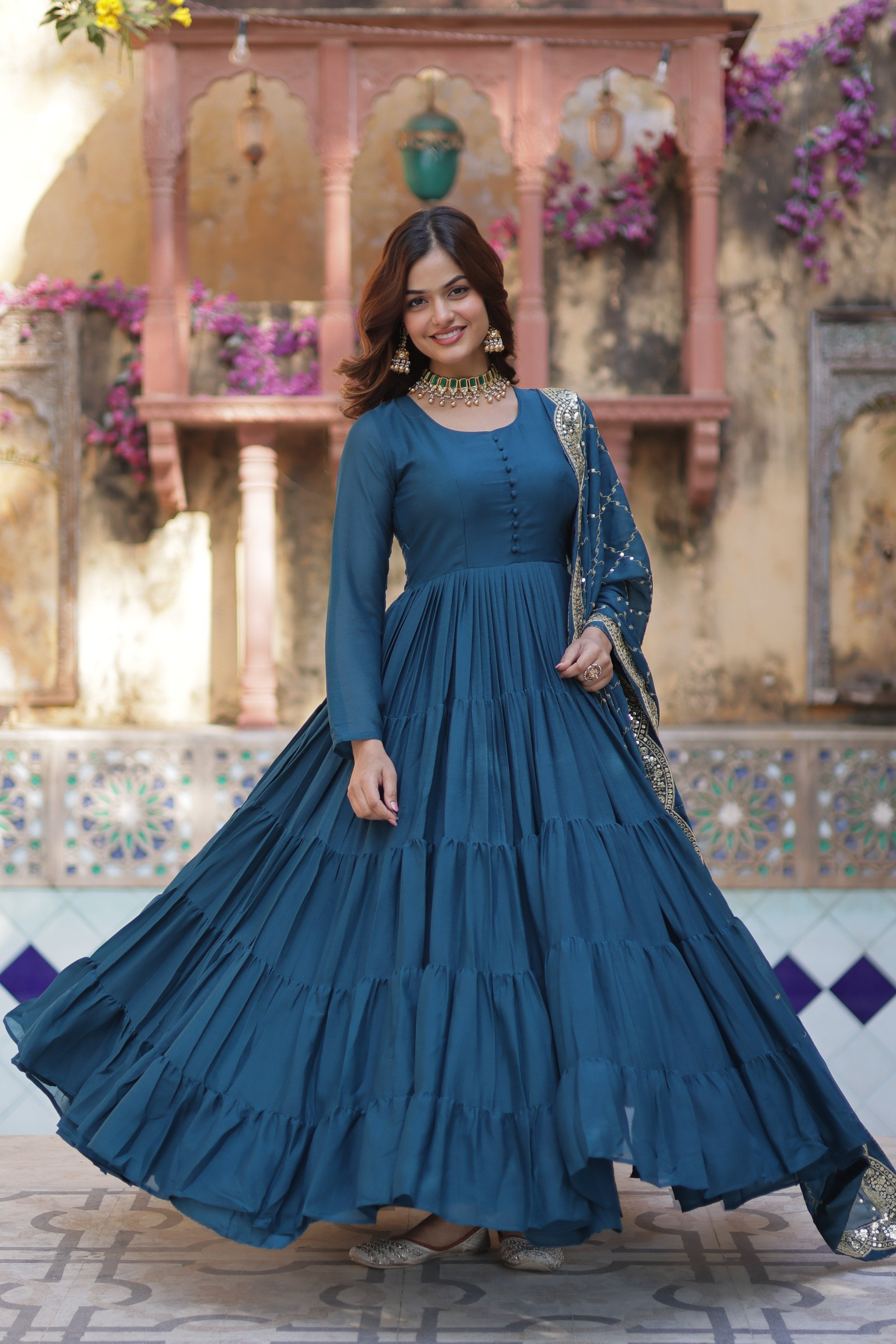 Jyoti Fashion Women's Rama Star Georgette Rich Sequins Embroidered Anarkali Set with Dupatta