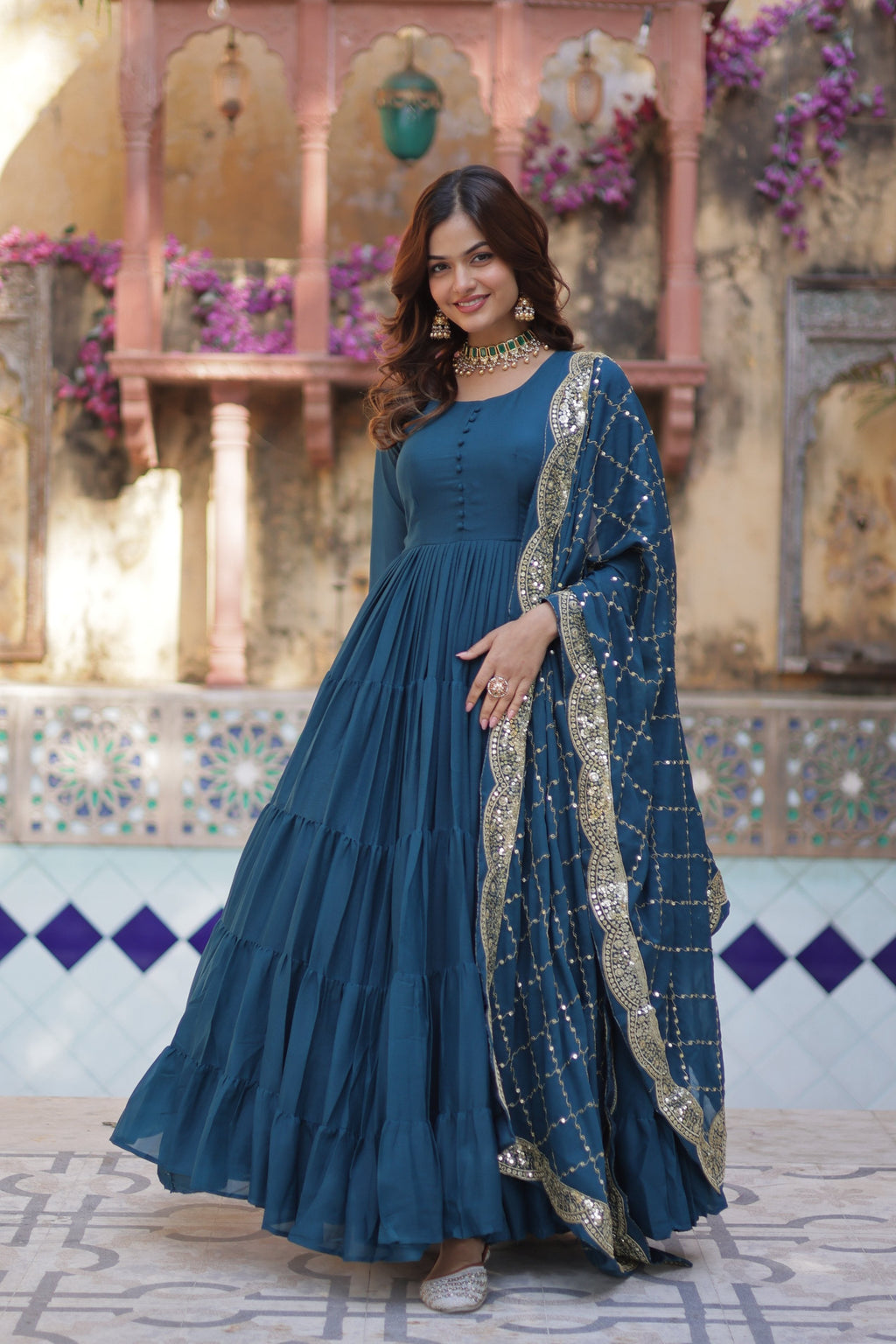 Jyoti Fashion Women's Rama Star Georgette Rich Sequins Embroidered Anarkali Set with Dupatta