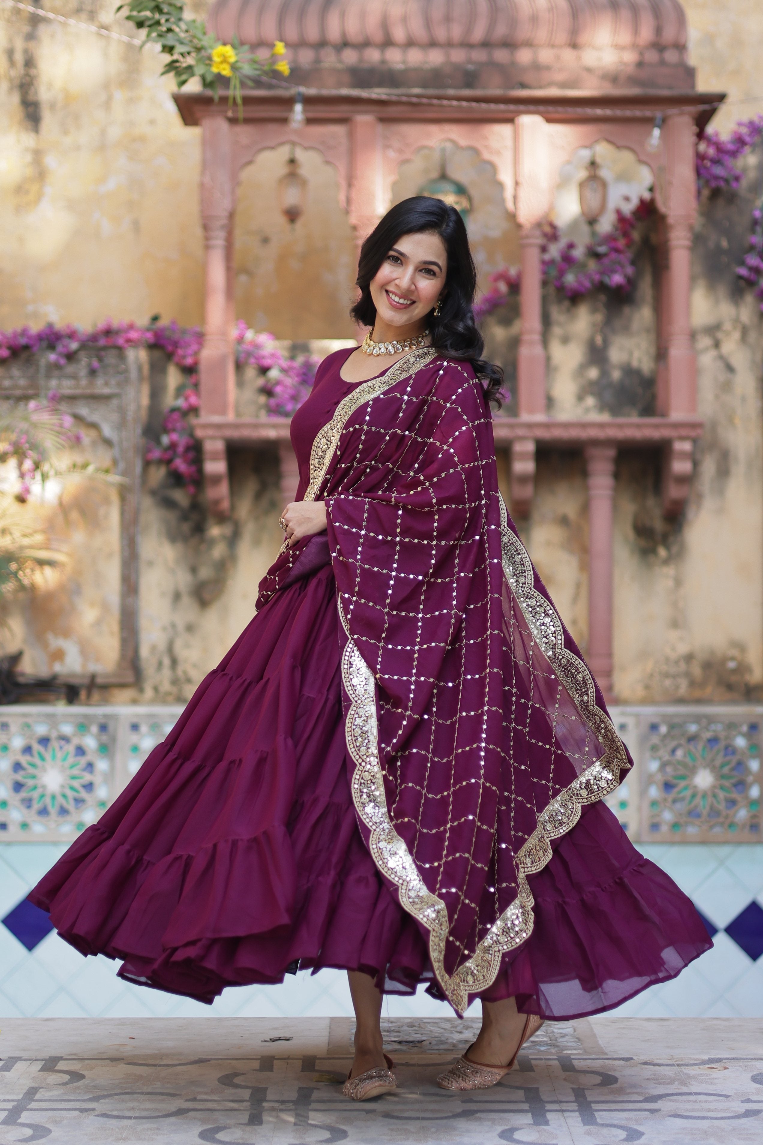 Jyoti Fashion Women's Wine Star Georgette Rich Sequins Embroidered Anarkali Set with Dupatta