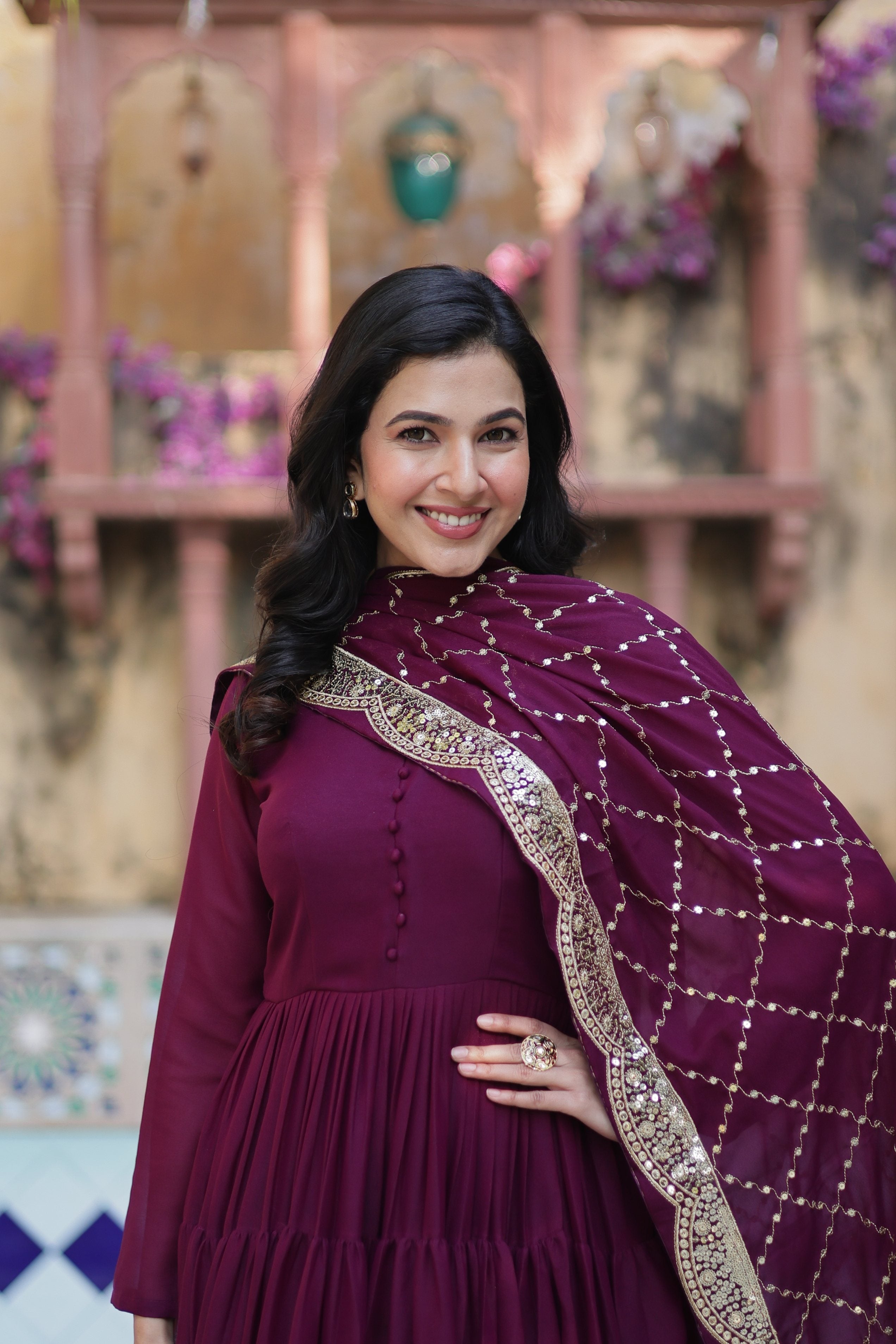 Jyoti Fashion Women's Wine Star Georgette Rich Sequins Embroidered Anarkali Set with Dupatta