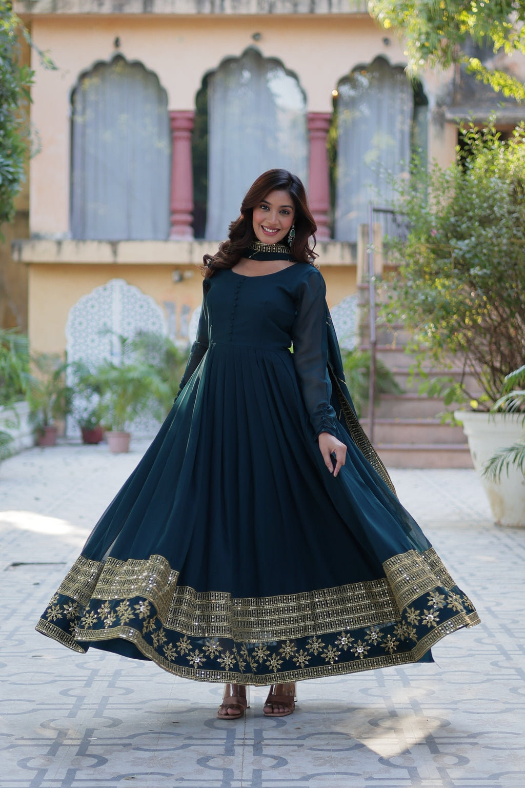 Jyoti Fashion Women's Rama Faux Blooming Multi Sequins Embroidered Anarkali Set with Dupatta