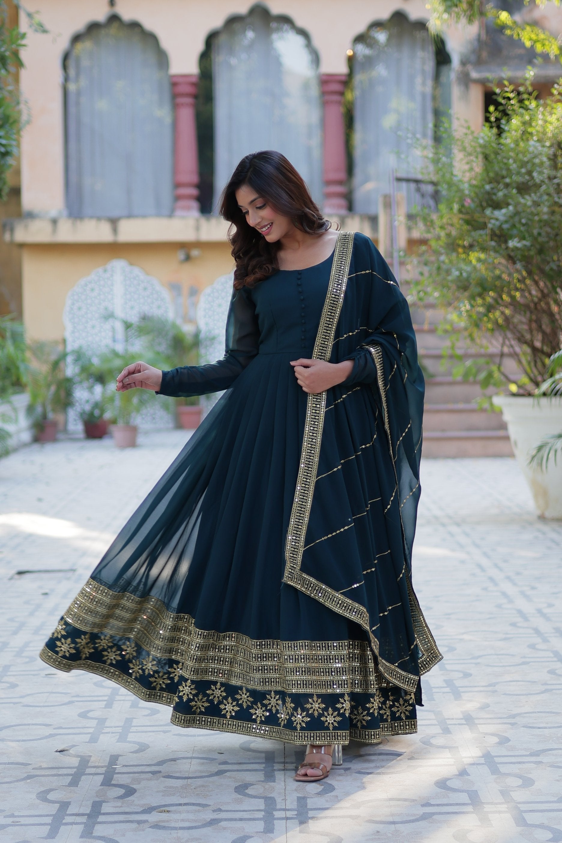 Jyoti Fashion Women's Rama Faux Blooming Multi Sequins Embroidered Anarkali Set with Dupatta