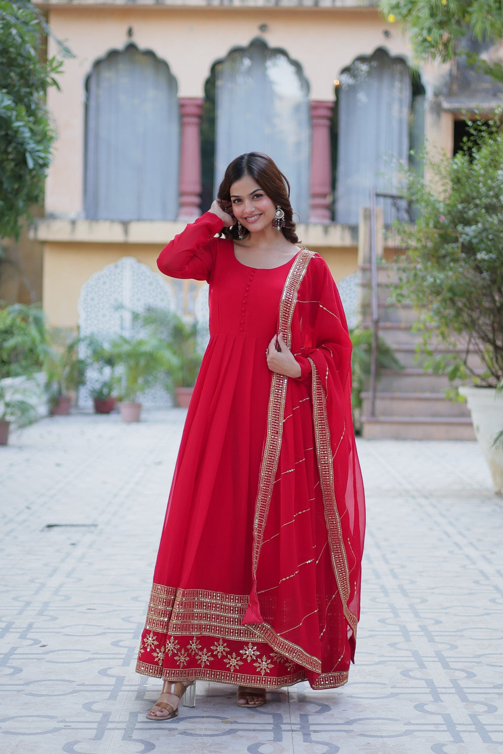 Jyoti Fashion Women's Red Faux Blooming Multi Sequins Embroidered Anarkali Set with Dupatta