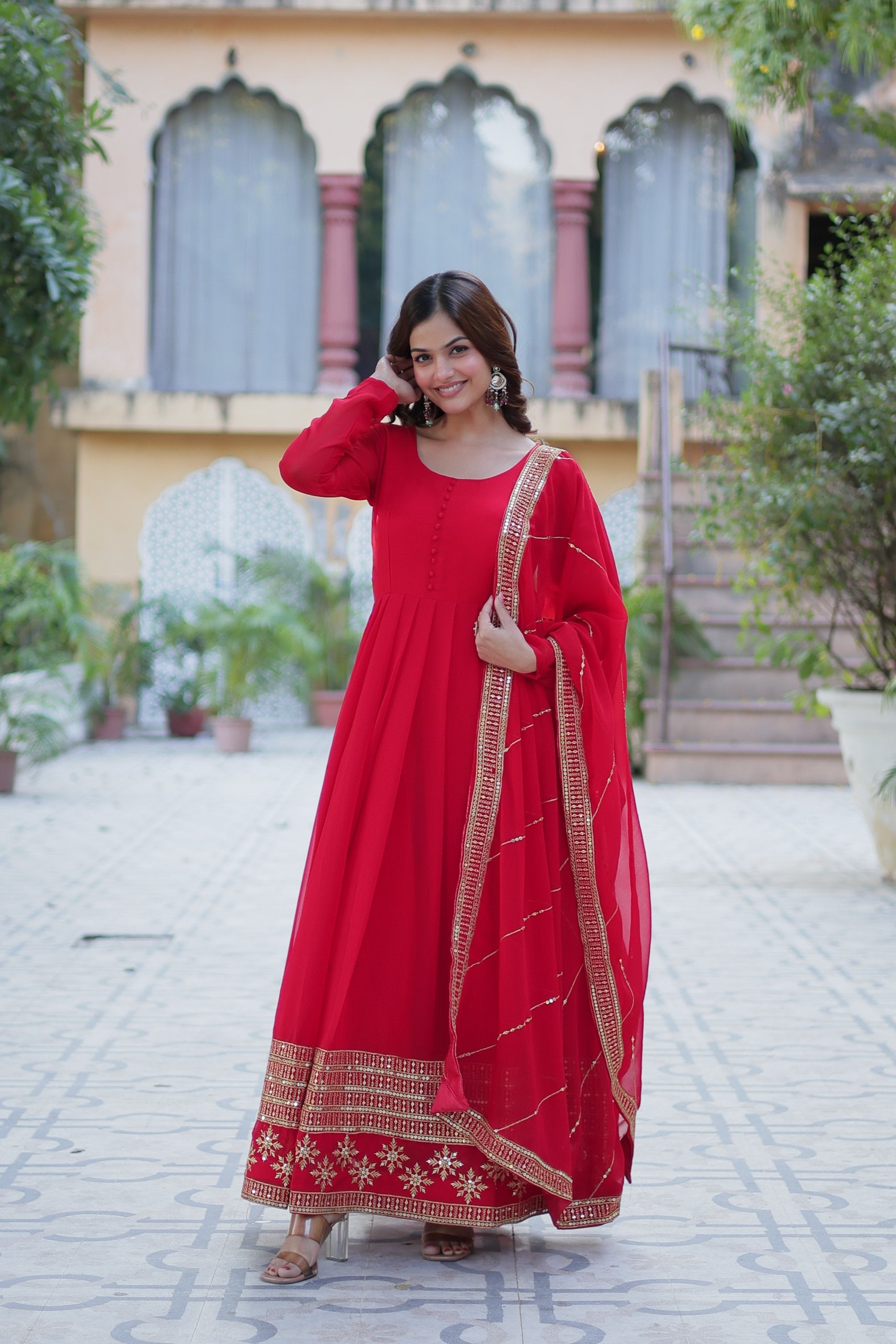 Jyoti Fashion Women's Red Faux Blooming Multi Sequins Embroidered Anarkali Set with Dupatta