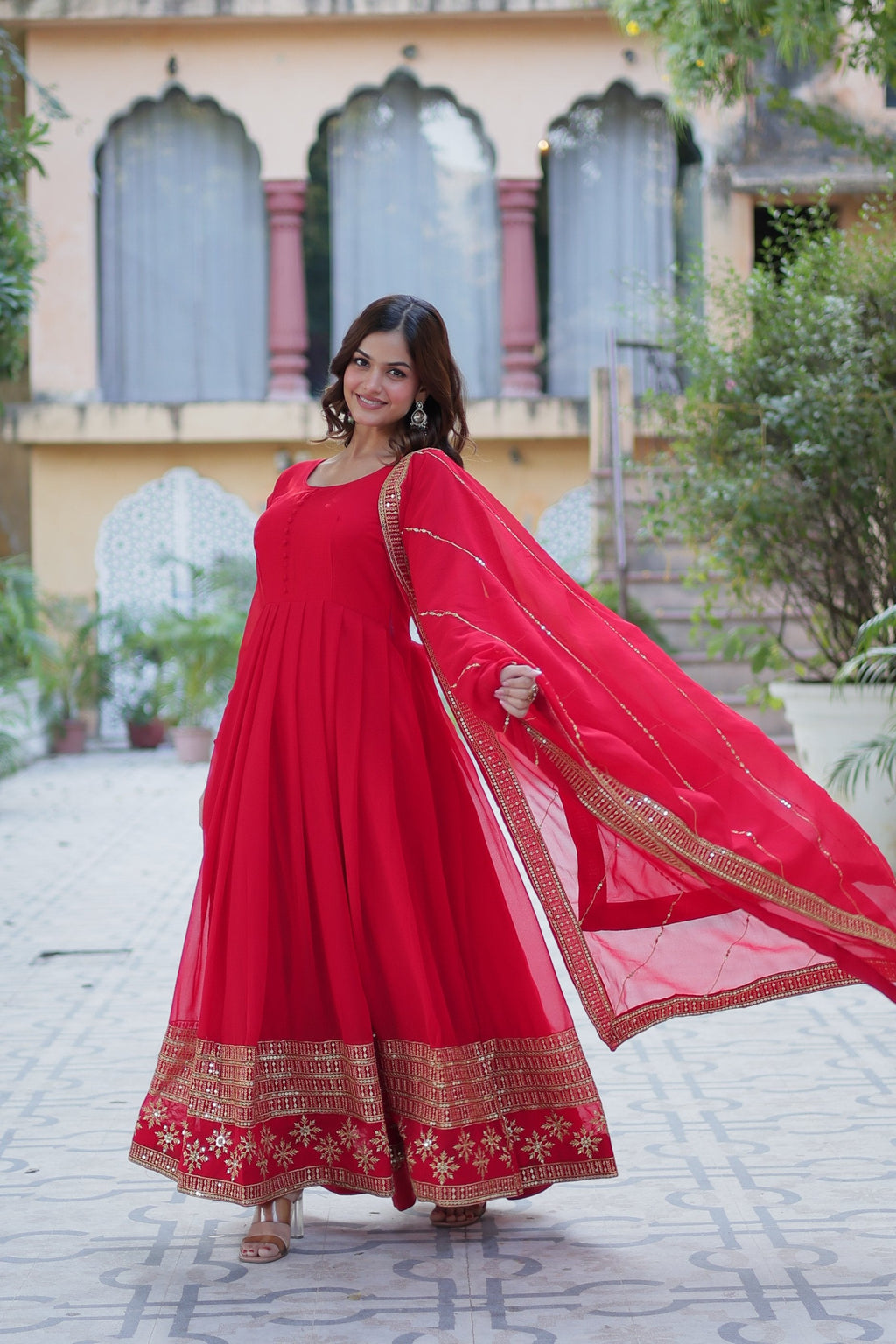 Jyoti Fashion Women's Red Faux Blooming Multi Sequins Embroidered Anarkali Set with Dupatta