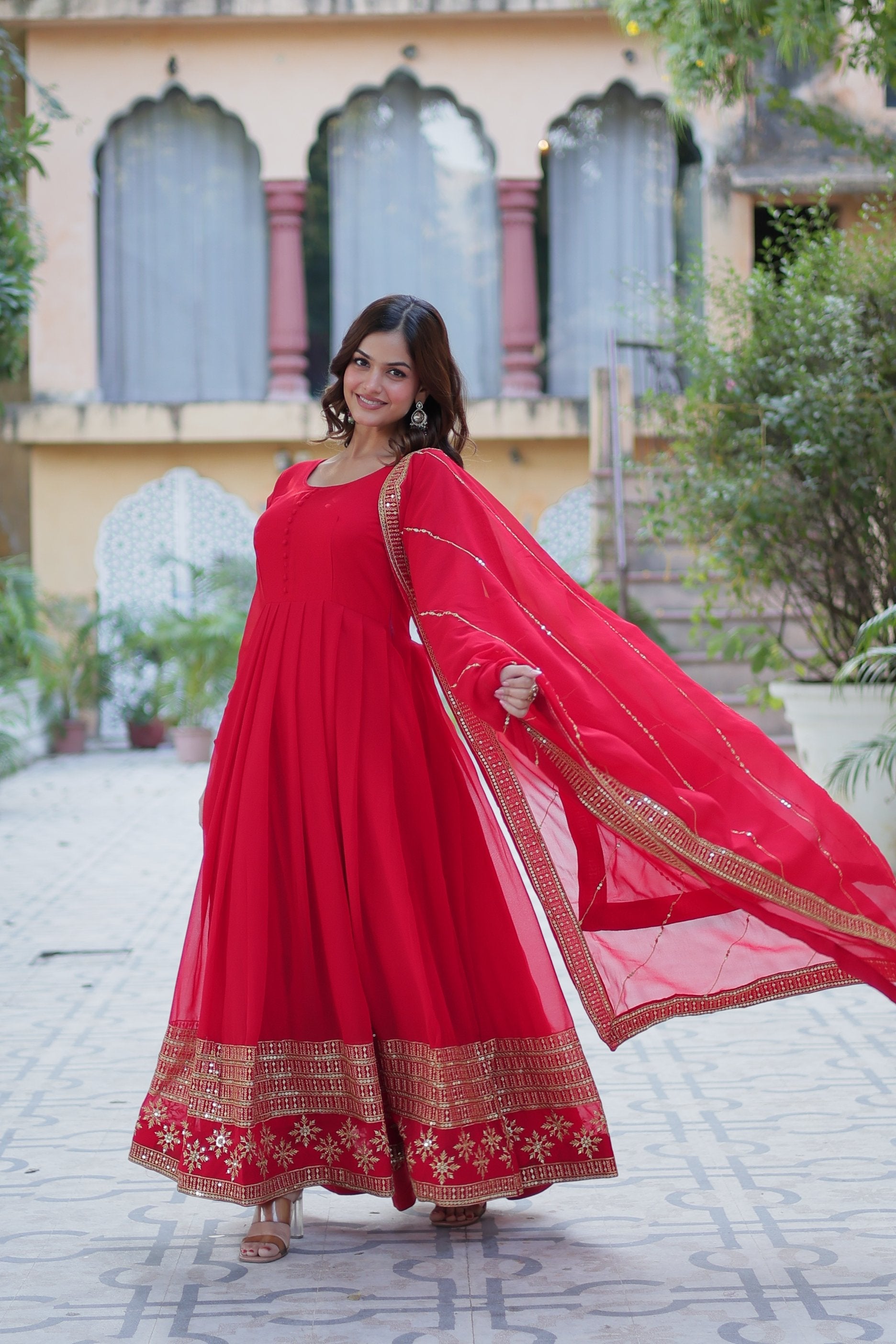 Jyoti Fashion Women's Red Faux Blooming Multi Sequins Embroidered Anarkali Set with Dupatta