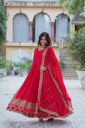 Jyoti Fashion Women's Red Faux Blooming Multi Sequins Embroidered Anarkali Set with Dupatta