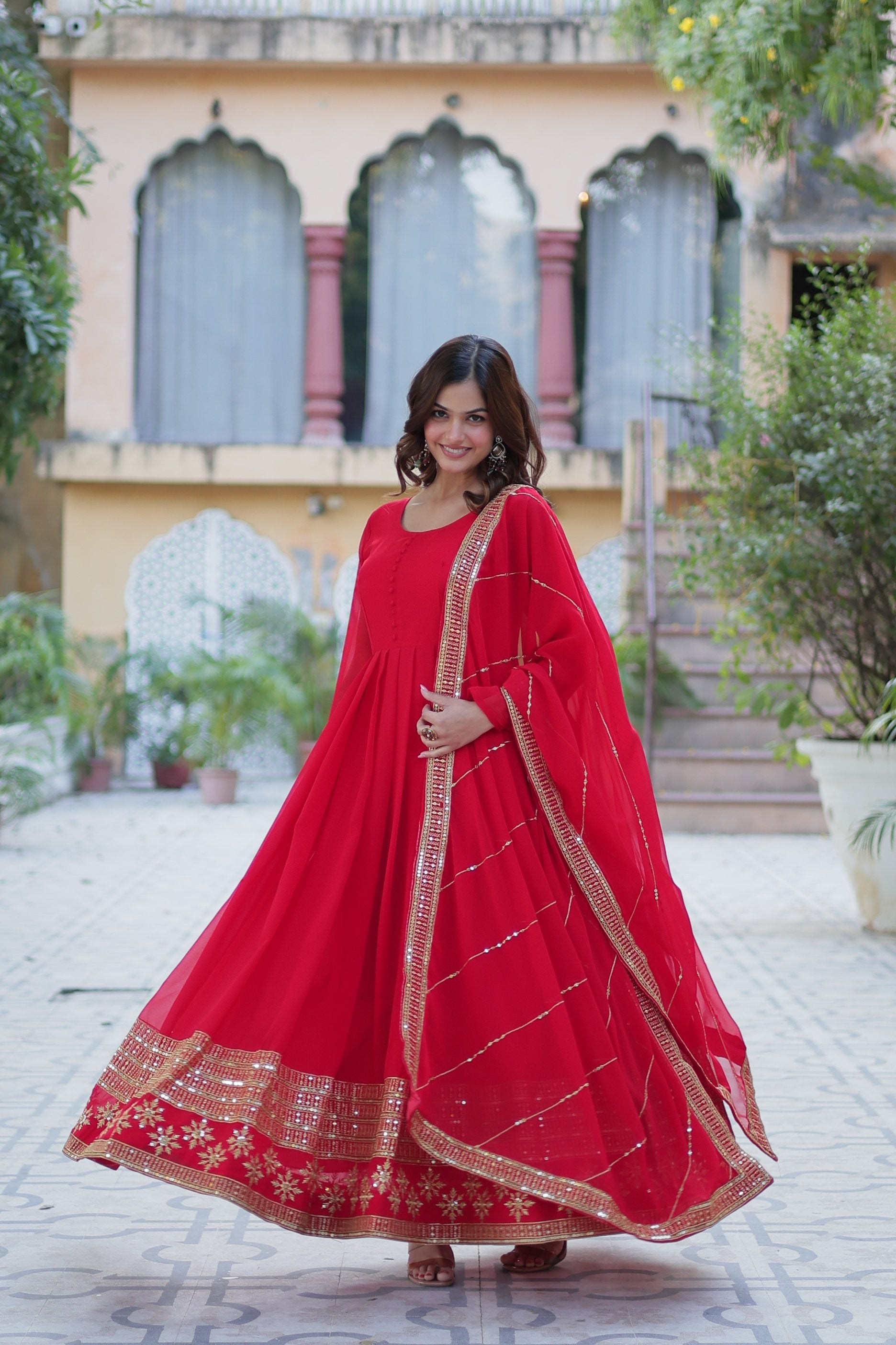 Jyoti Fashion Women's Red Faux Blooming Multi Sequins Embroidered Anarkali Set with Dupatta
