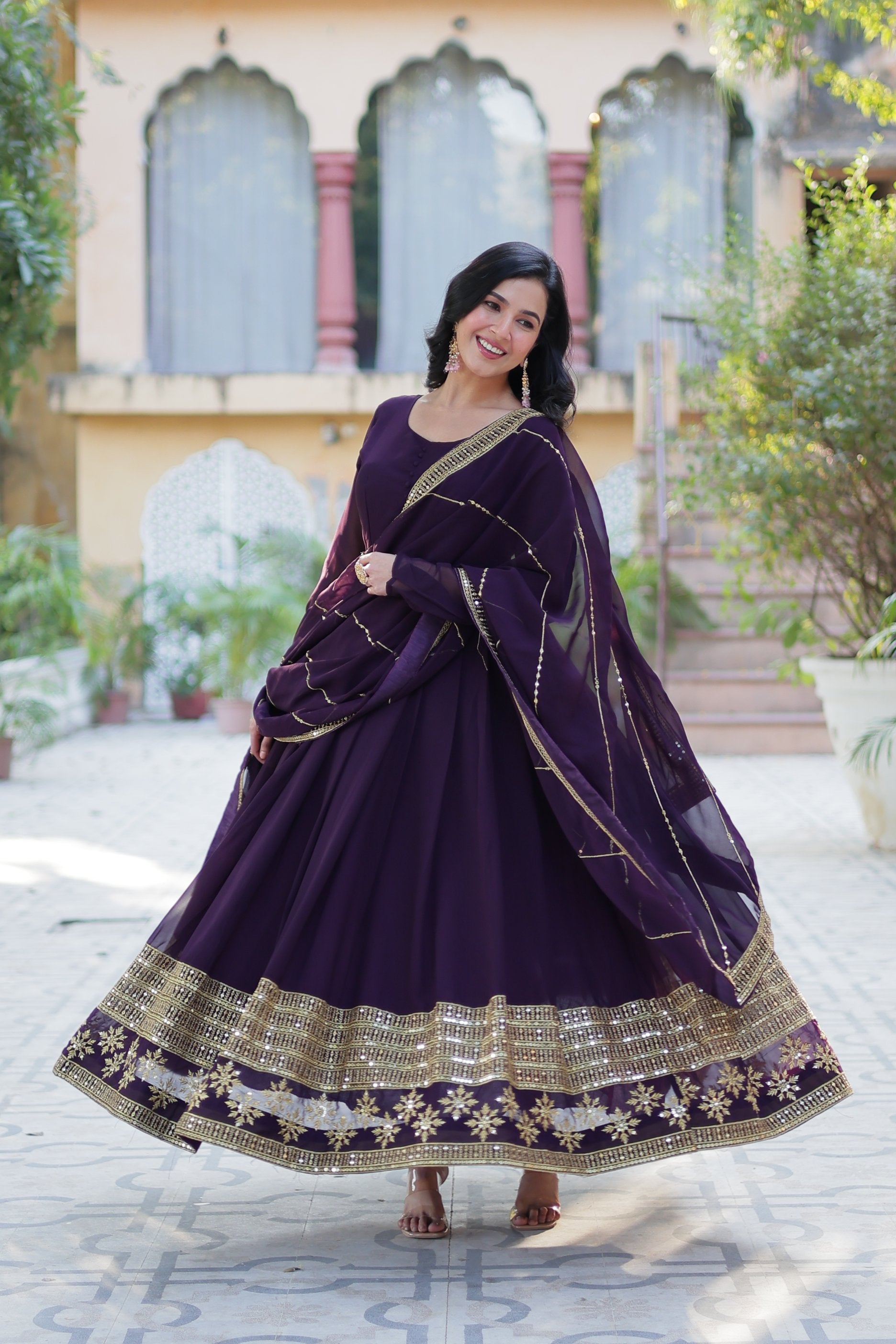 Jyoti Fashion Women's Wine Faux Blooming Multi Sequins Embroidered Anarkali Set with Dupatta