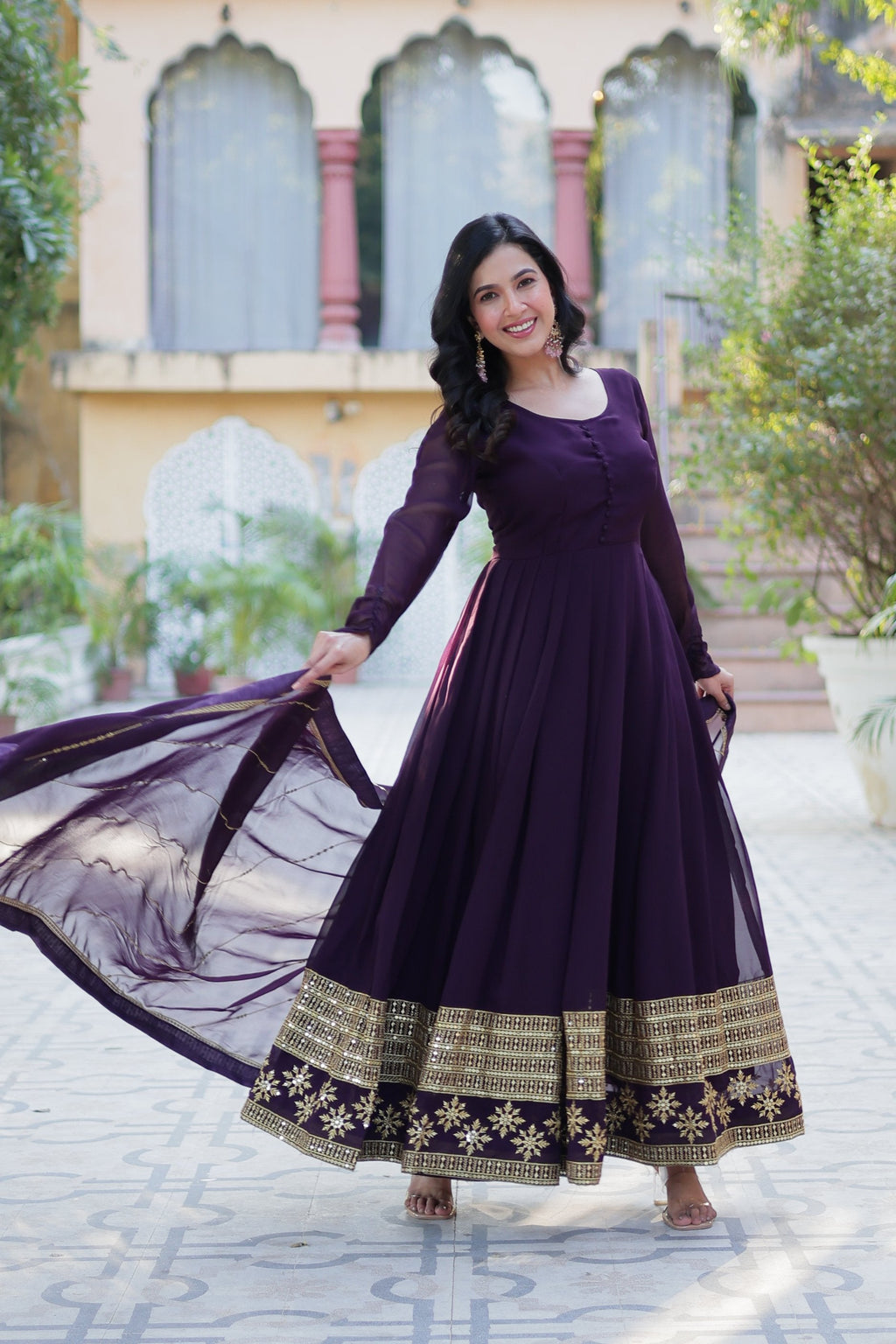 Jyoti Fashion Women's Wine Faux Blooming Multi Sequins Embroidered Anarkali Set with Dupatta