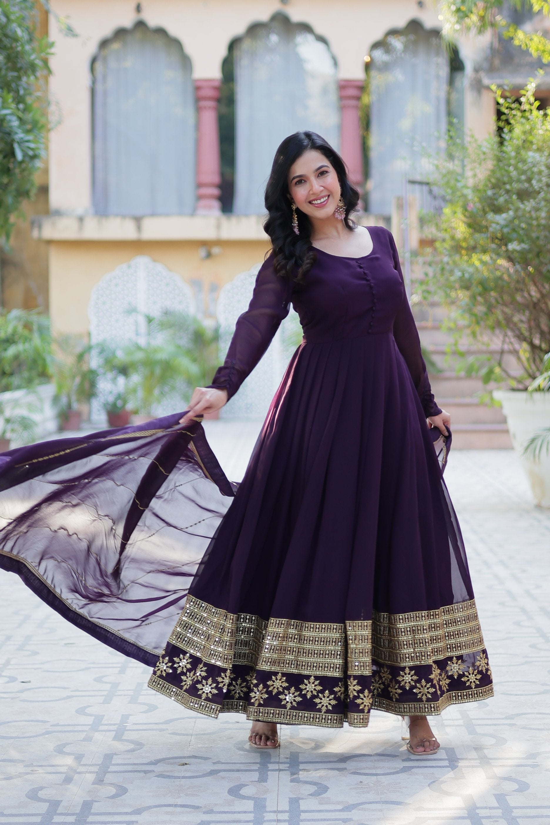 Jyoti Fashion Women's Wine Faux Blooming Multi Sequins Embroidered Anarkali Set with Dupatta