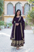 Jyoti Fashion Women's Wine Faux Blooming Multi Sequins Embroidered Anarkali Set with Dupatta