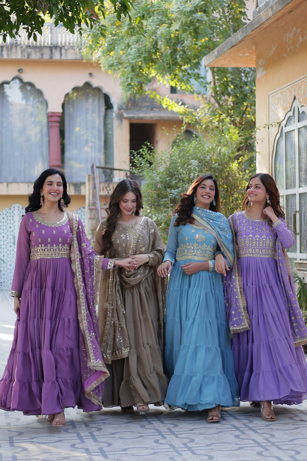 Jyoti Fashion Women's Jamuni, Beige, Sky Blue & Purple Star Georgette Rich Sequins Embroidered Combo Anarkali Set with Dupatta