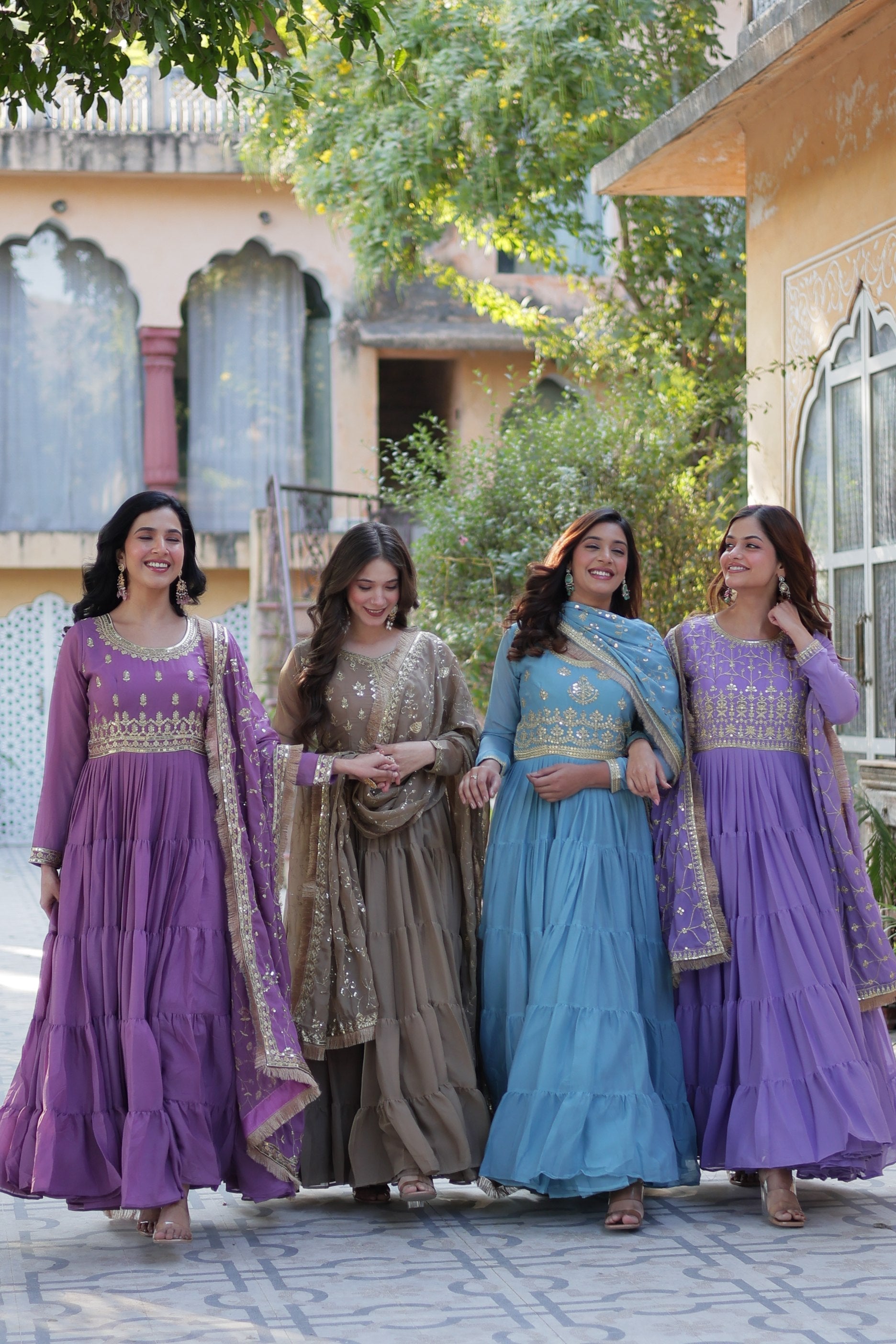 Jyoti Fashion Women's Jamuni, Beige, Sky Blue & Purple Star Georgette Rich Sequins Embroidered Combo Anarkali Set with Dupatta