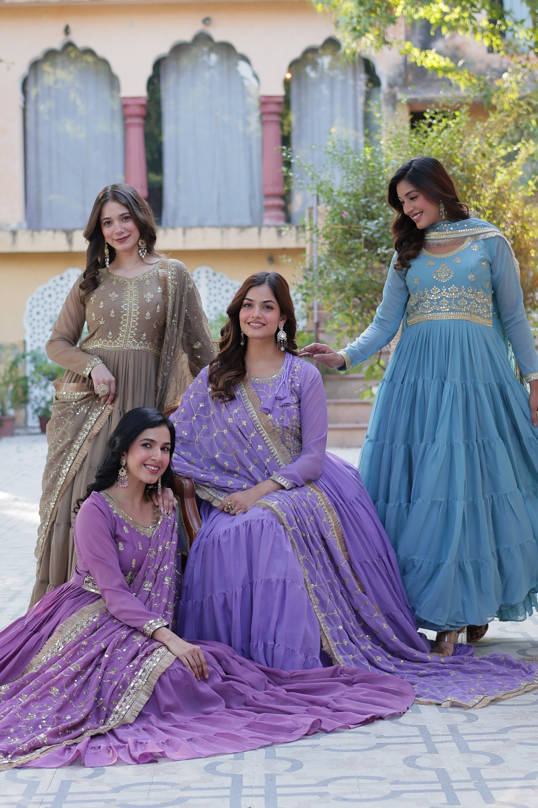 Jyoti Fashion Women's Jamuni, Beige, Sky Blue & Purple Star Georgette Rich Sequins Embroidered Combo Anarkali Set with Dupatta