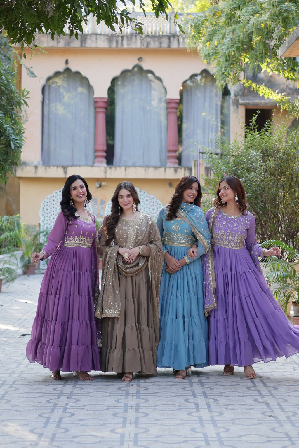 Jyoti Fashion Women's Jamuni, Beige, Sky Blue & Purple Star Georgette Rich Sequins Embroidered Combo Anarkali Set with Dupatta