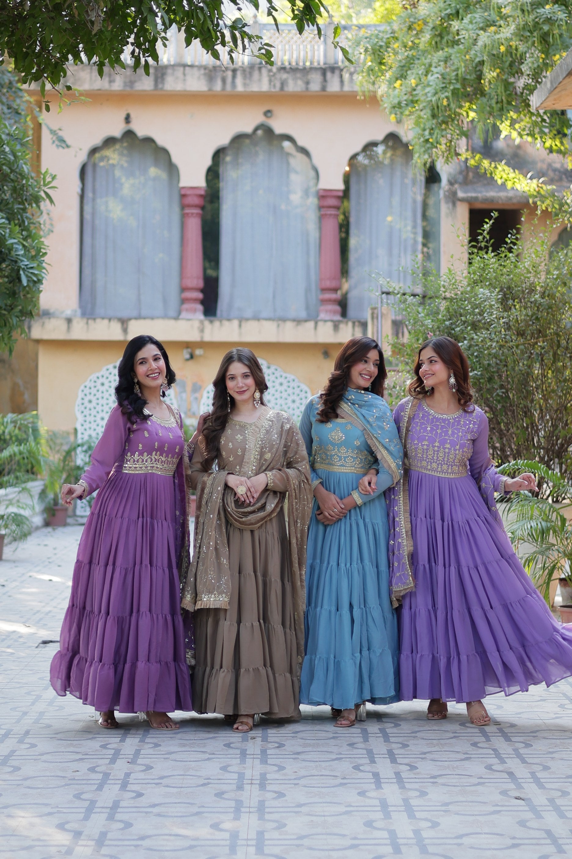 Jyoti Fashion Women's Jamuni, Beige, Sky Blue & Purple Star Georgette Rich Sequins Embroidered Combo Anarkali Set with Dupatta