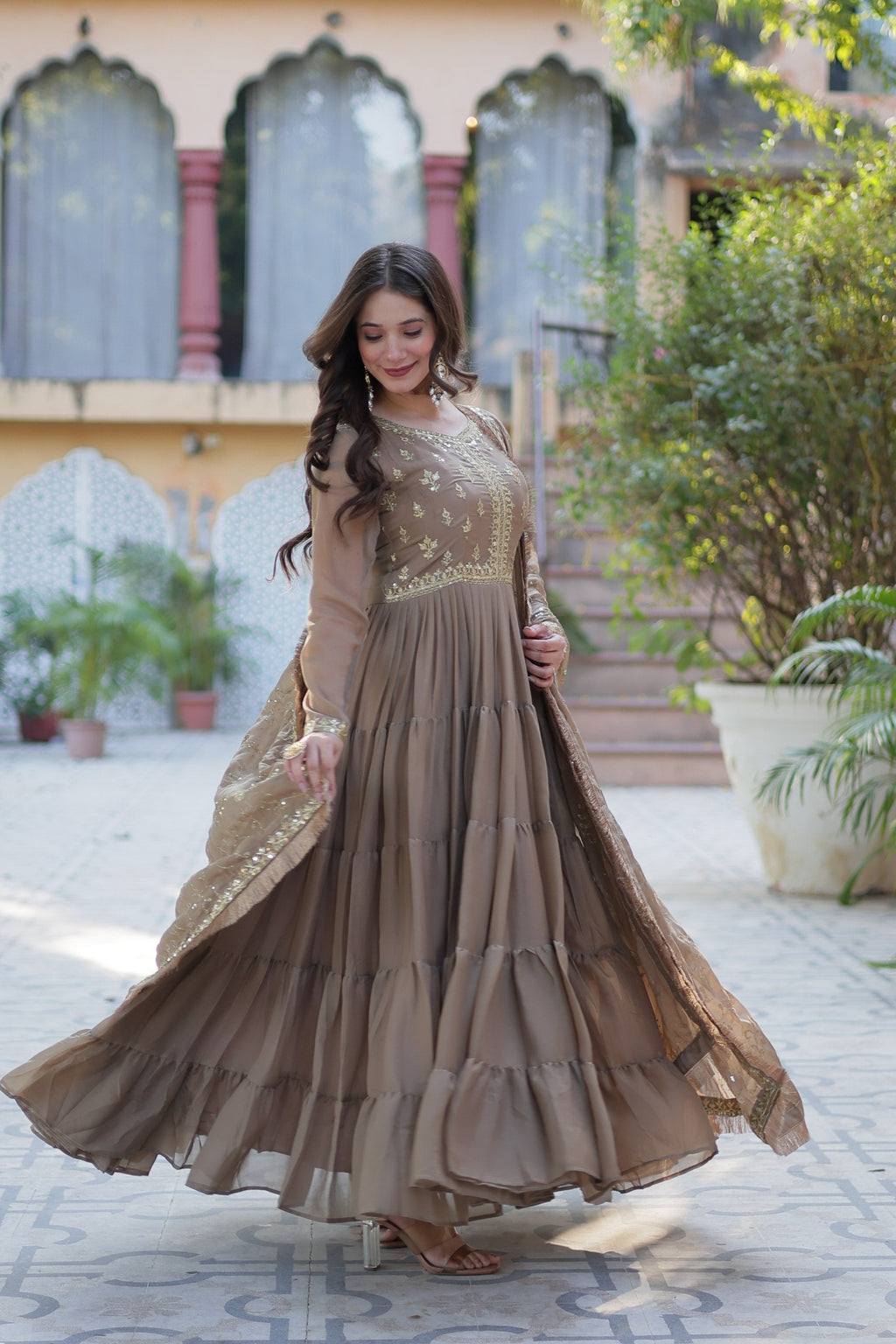 Jyoti Fashion Women's Beige Star Georgette Rich Sequins Embroidered Anarkali Set with Dupatta