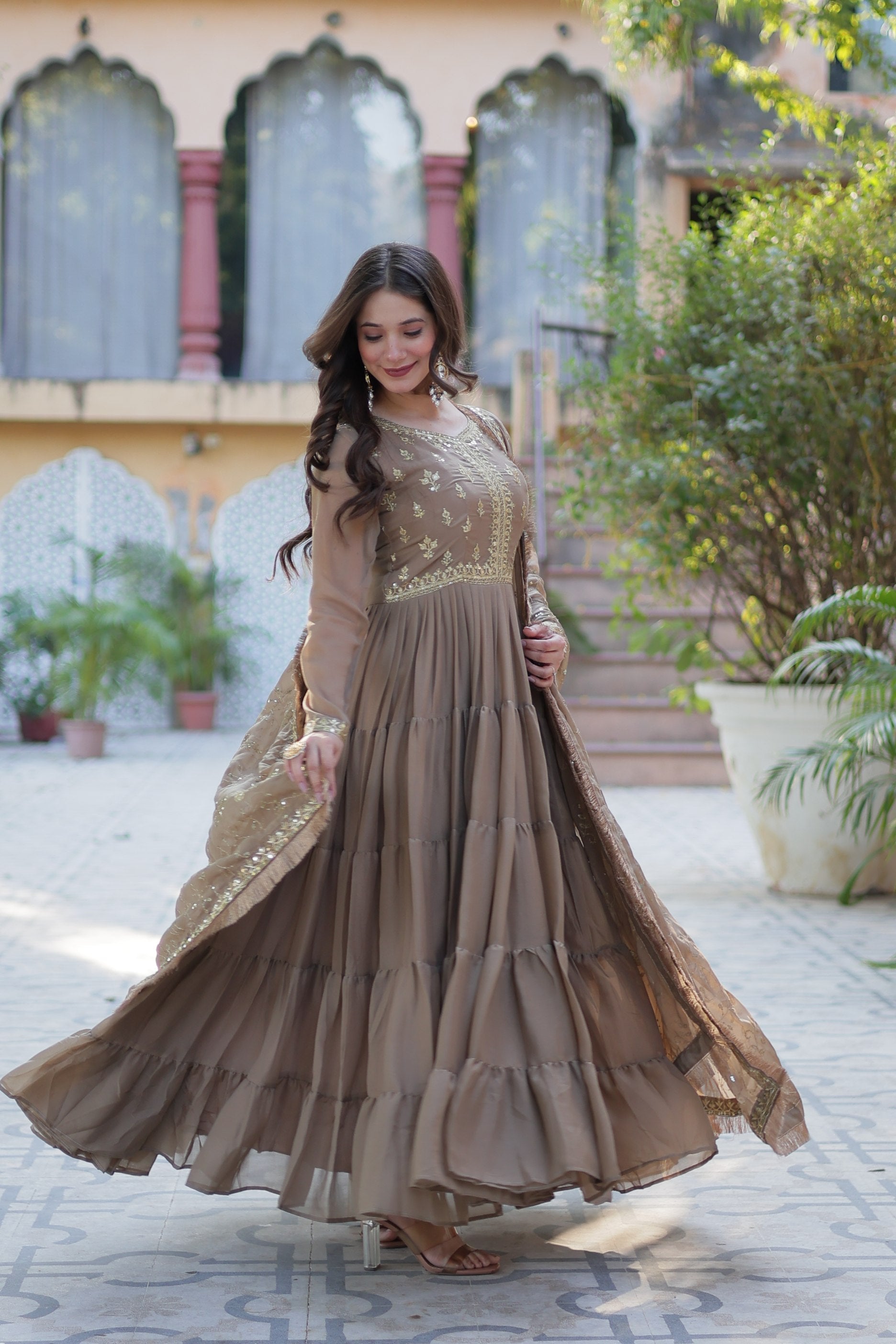 Jyoti Fashion Women's Beige Star Georgette Rich Sequins Embroidered Anarkali Set with Dupatta