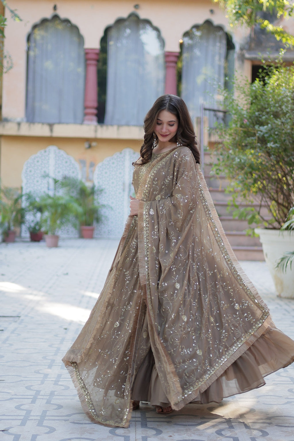 Jyoti Fashion Women's Beige Star Georgette Rich Sequins Embroidered Anarkali Set with Dupatta