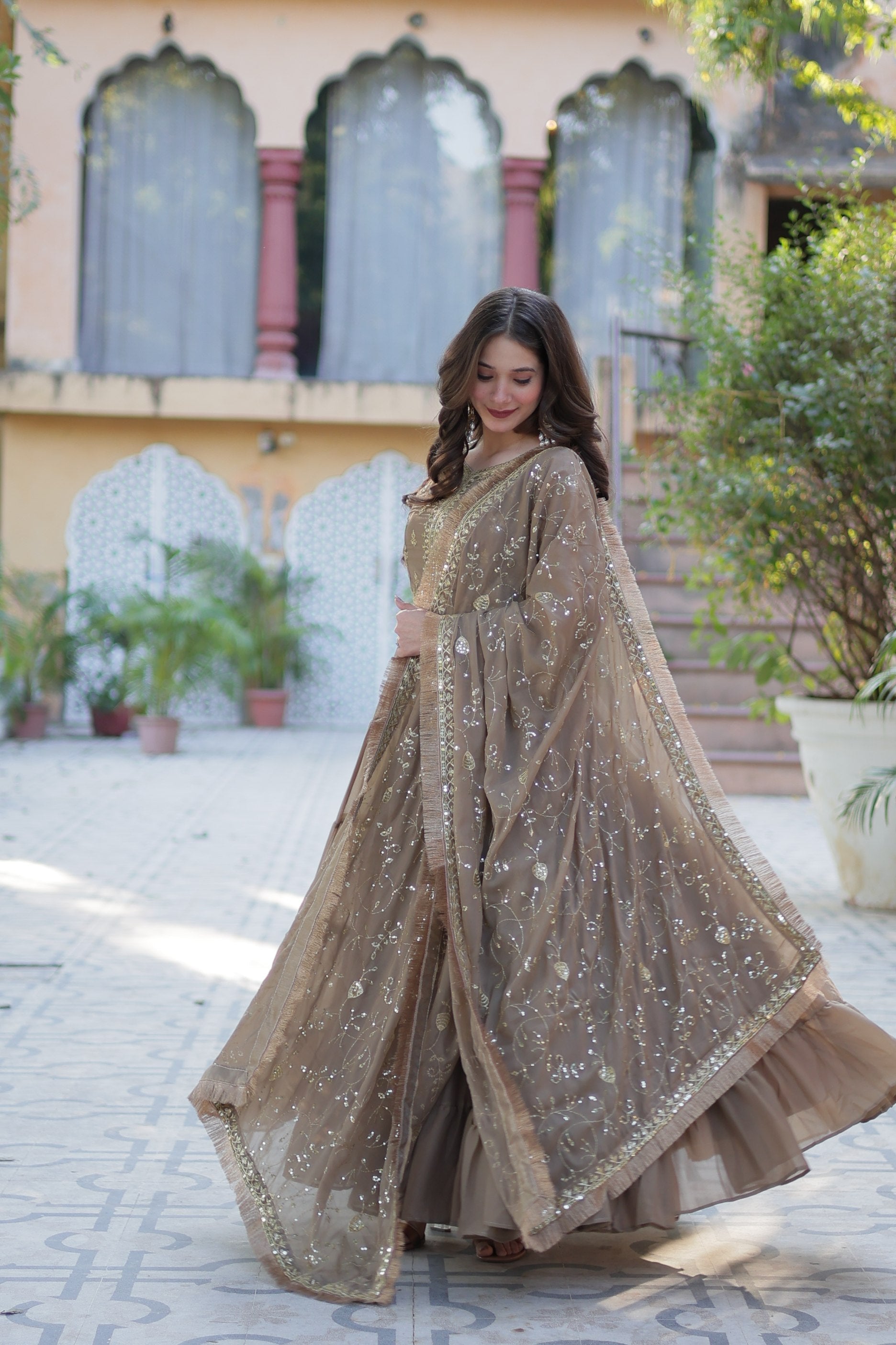 Jyoti Fashion Women's Beige Star Georgette Rich Sequins Embroidered Anarkali Set with Dupatta