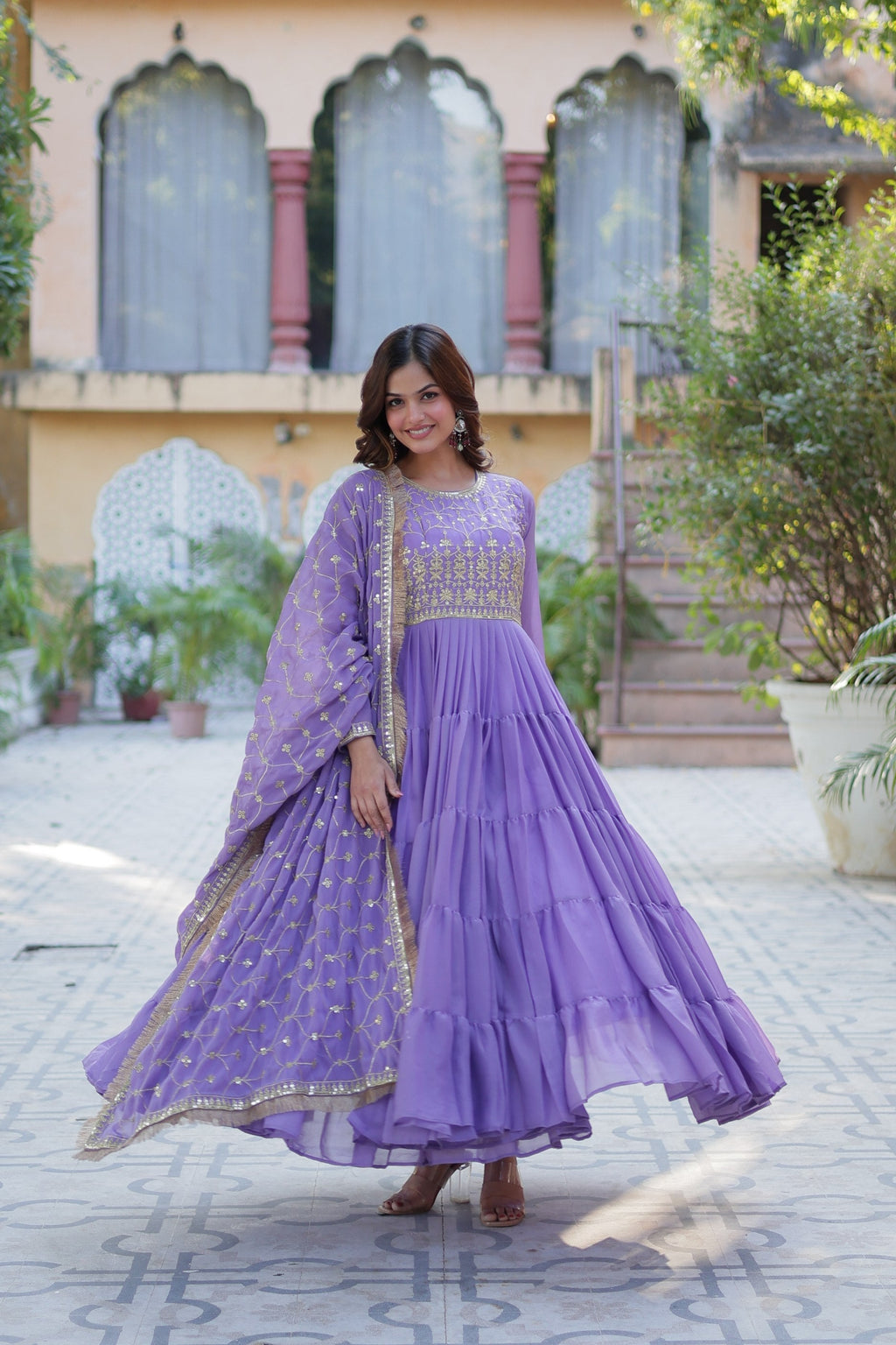 Jyoti Fashion Women's Purple Star Georgette Rich Sequins Embroidered Anarkali Set with Dupatta