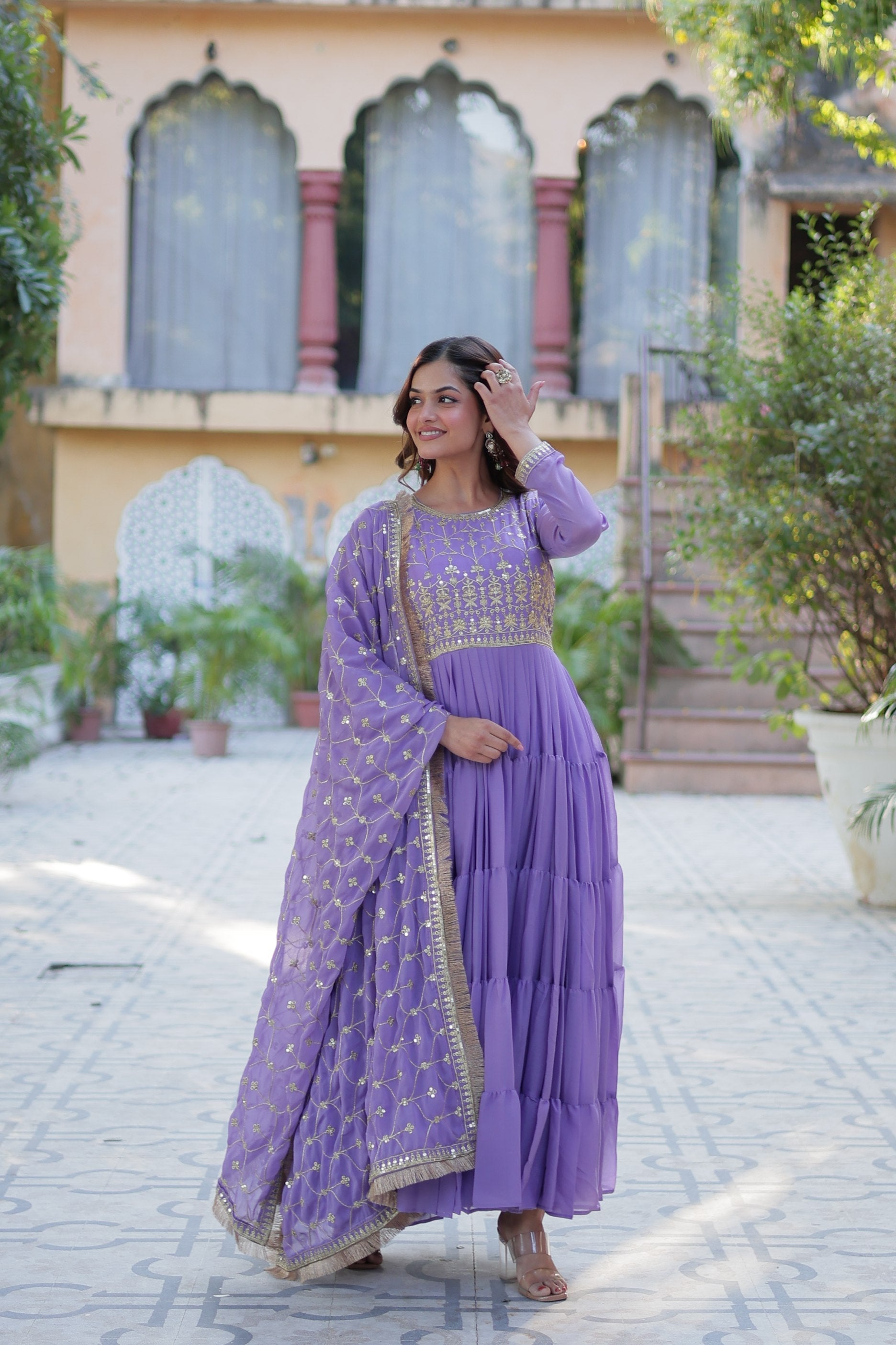 Jyoti Fashion Women's Purple Star Georgette Rich Sequins Embroidered Anarkali Set with Dupatta