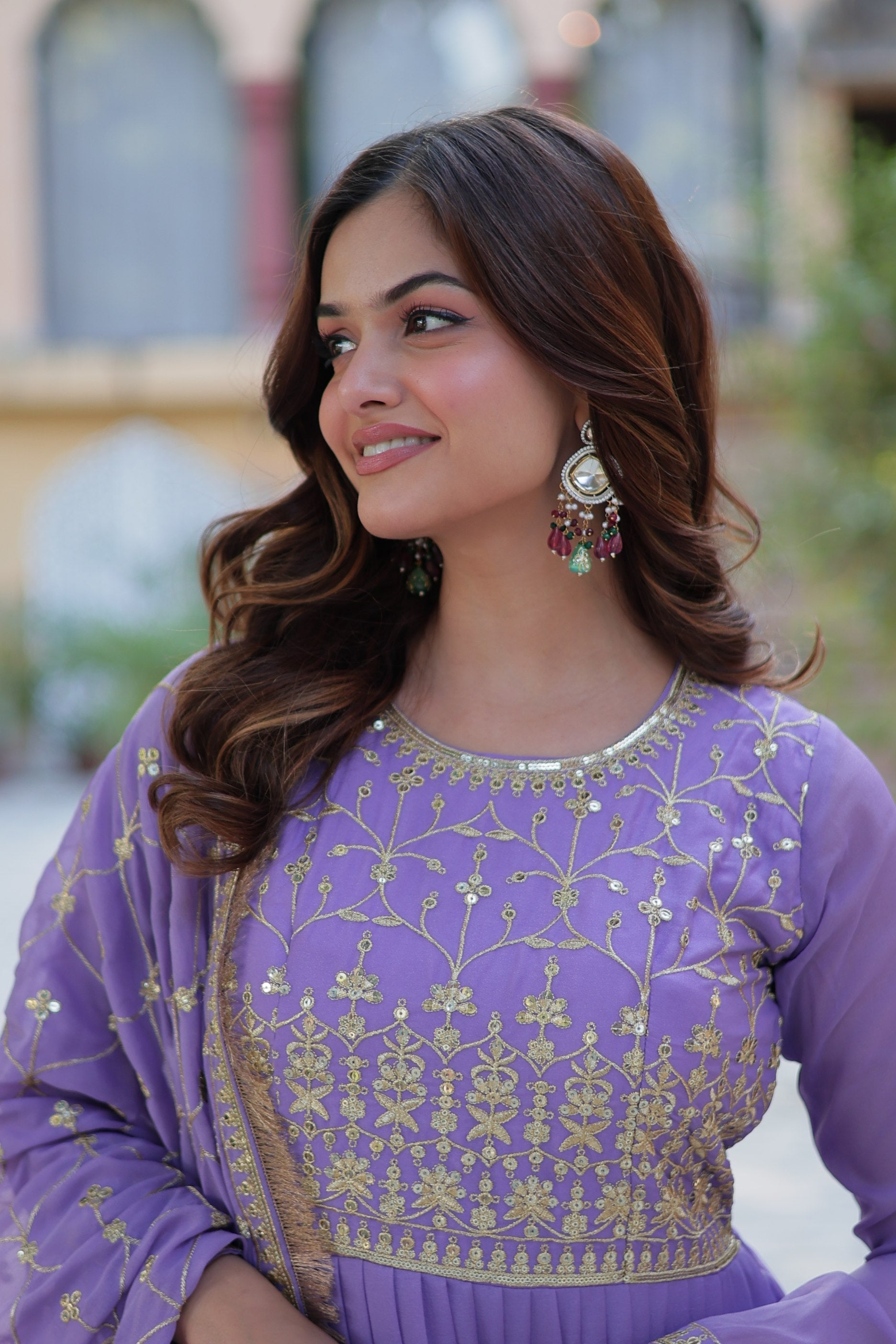 Jyoti Fashion Women's Purple Star Georgette Rich Sequins Embroidered Anarkali Set with Dupatta