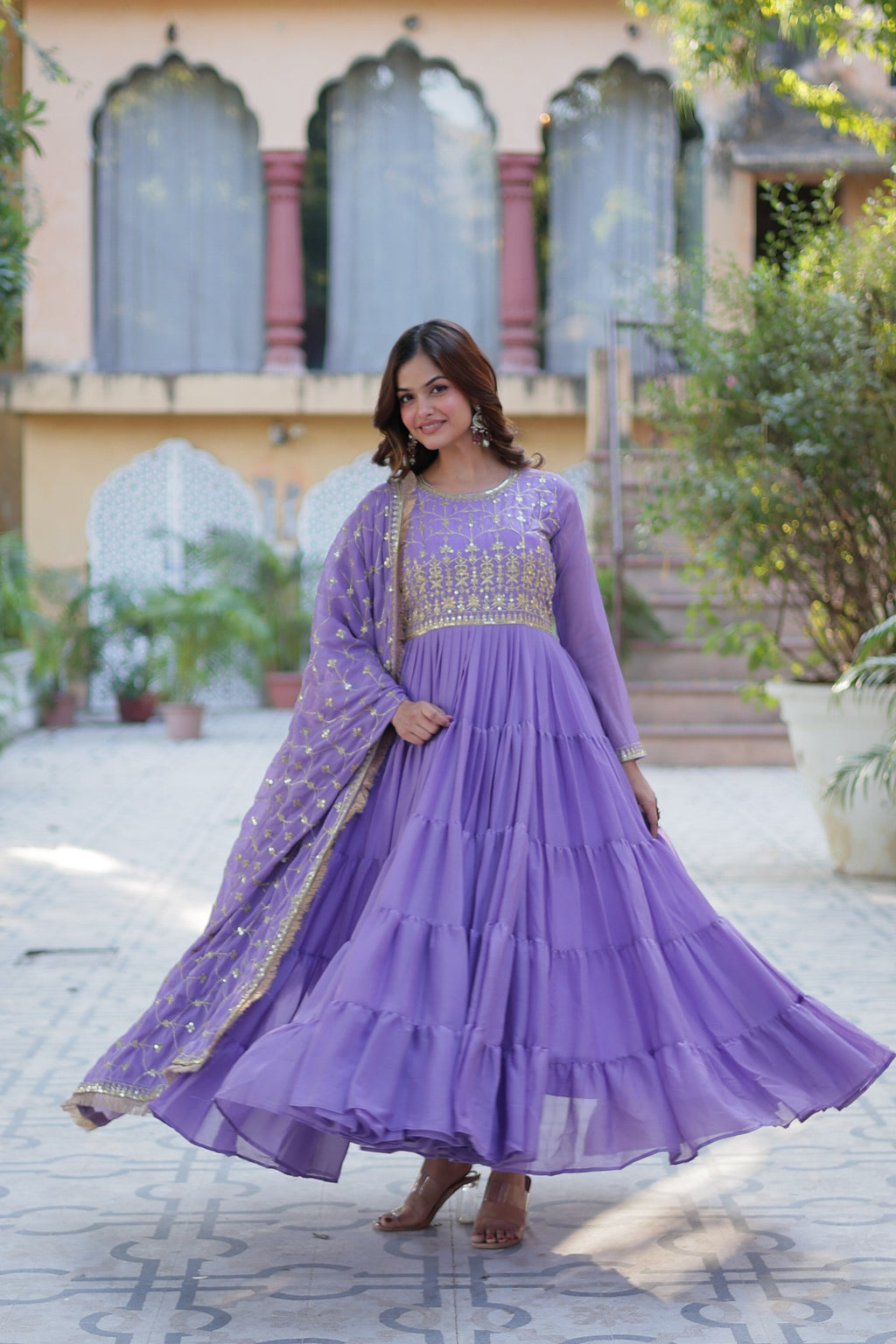 Jyoti Fashion Women's Purple Star Georgette Rich Sequins Embroidered Anarkali Set with Dupatta