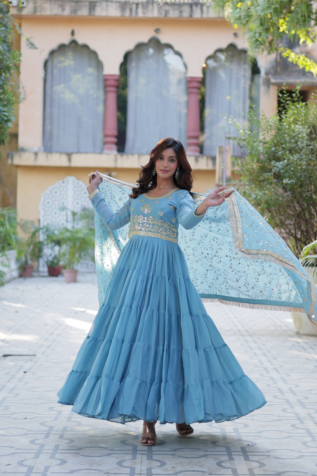 Jyoti Fashion Women's Sky Blue Star Georgette Rich Sequins Embroidered Anarkali Set with Dupatta