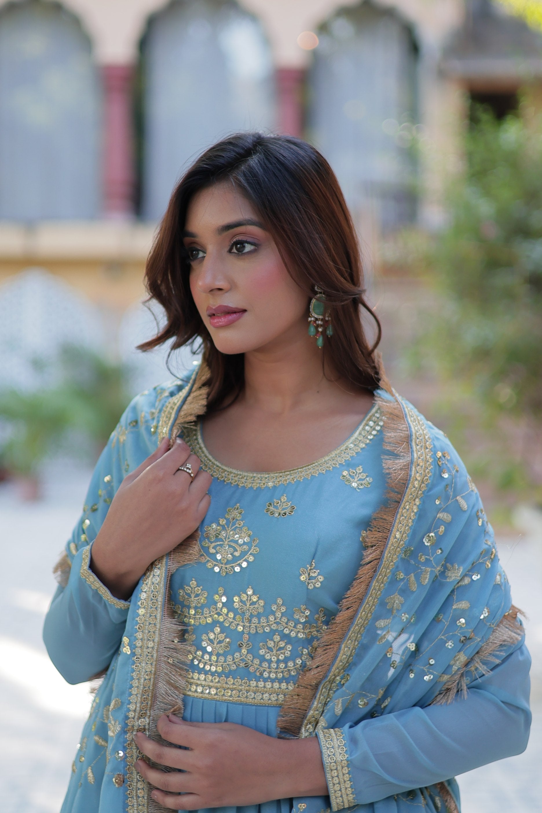 Jyoti Fashion Women's Sky Blue Star Georgette Rich Sequins Embroidered Anarkali Set with Dupatta